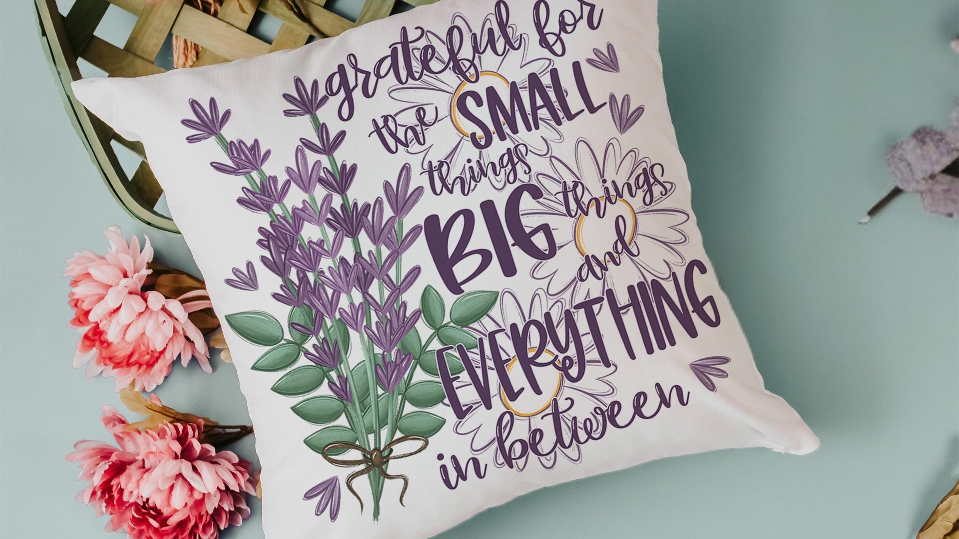 grateful for the small things decorative pillows for bedroom, gratitude gift for friend, lavender flowers throw pillow covers 18 x 18, best