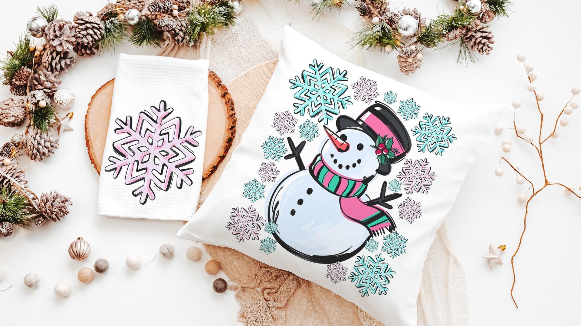 cute snowman throw pillow covers 18x18, pale pink snowflake kitchen towels, girly Christmas gifts for adult daughter, aqua Christmas decor