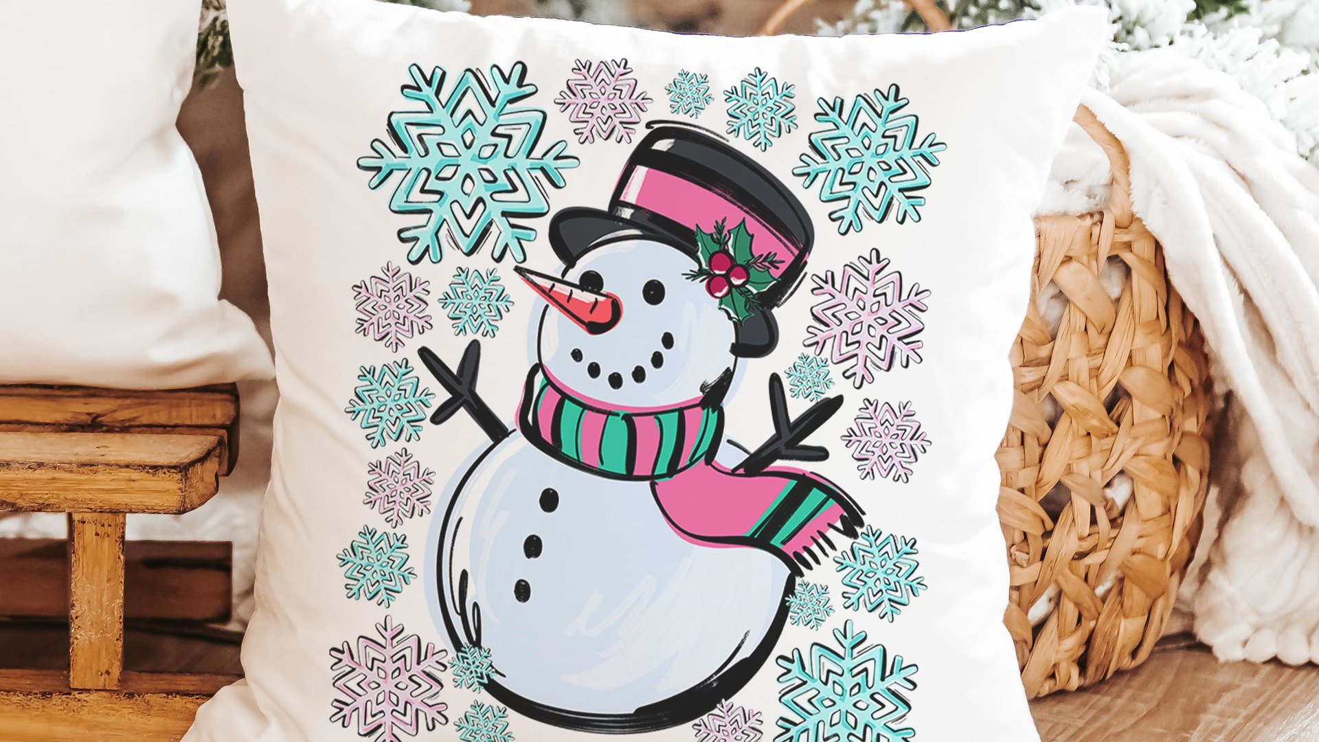 cute snowman throw pillow covers 18x18, pale pink snowflake kitchen towels, girly Christmas gifts for adult daughter, aqua Christmas decor
