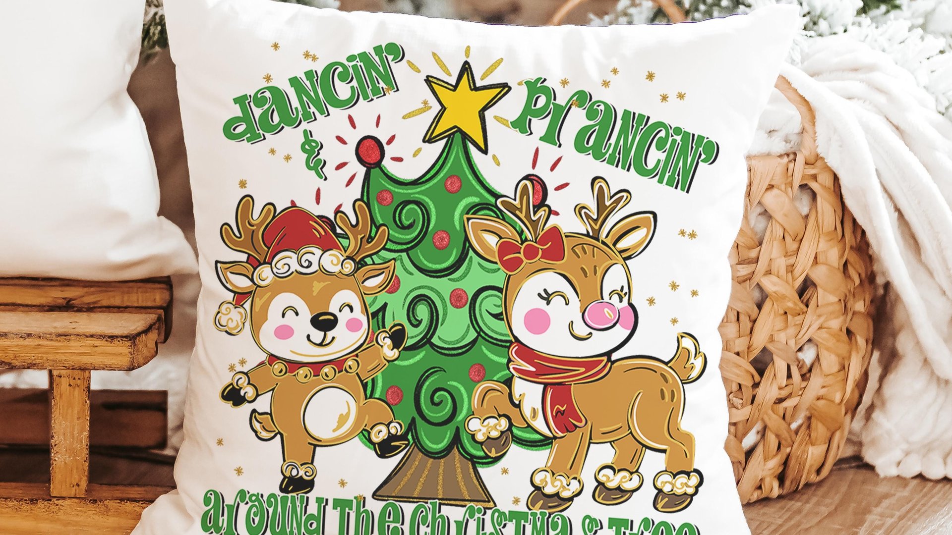 dancing reindeer pillow for girls room, reindeer gifts, trendy decorative throw pillows for chairs, whimsical Christmas gifts for home, best