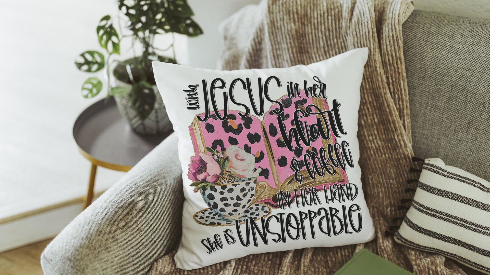 with Jesus in her heart leopard print throw pillows best sellers, Christian kitchen towels, religious Christmas gifts for godmother, coffee