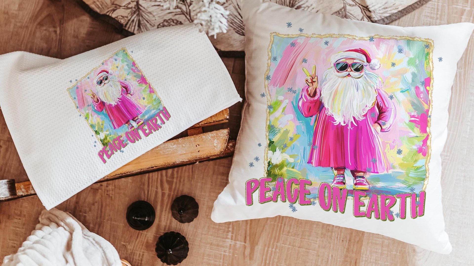 hippie Santa throw pillows for couch, peace on earth kitchen towels for Christmas, hot pink Santa Claus holiday hosting decor home decor