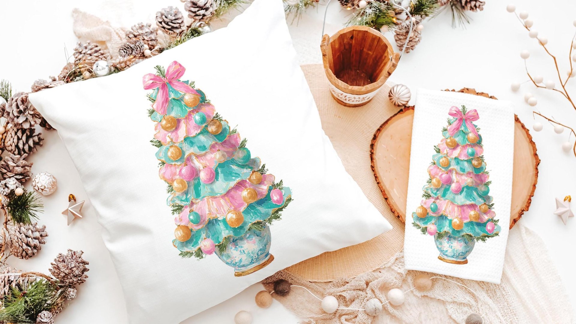 pastel Christmas tree throw pillows for couch pink grandmillenial Christmas kitchen towels for winter, holiday hosting decor home decor gift