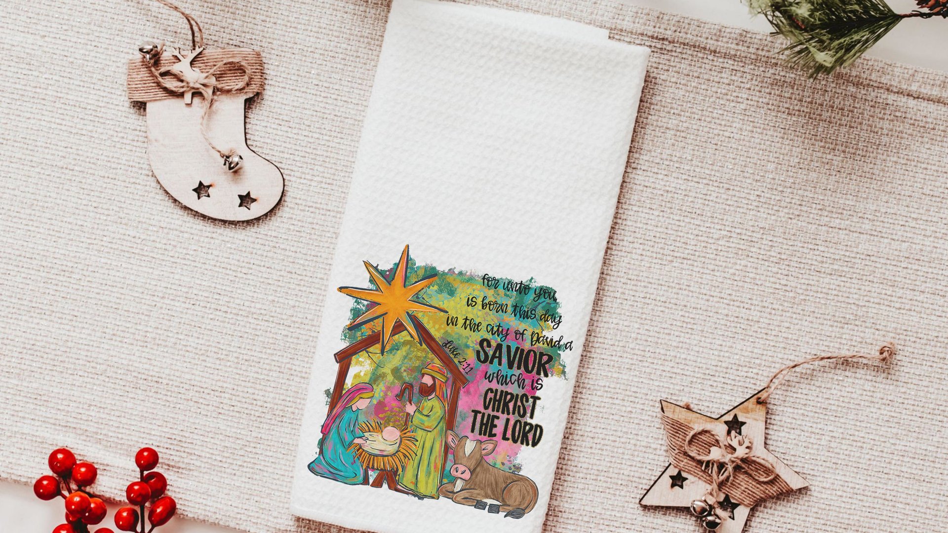 watercolor nativity Joseph Mary Jesus throw pillows for couch religious Christmas hand towels for powder room, Christian Christmas gifts for