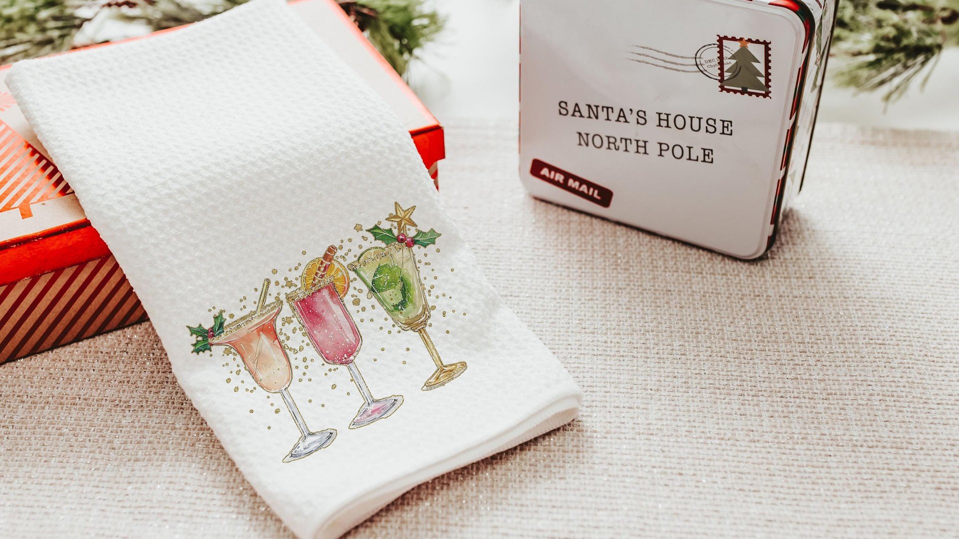 Christmas cocktail kitchen towels for Christmas bar accessories for home bar, holiday hosting decor home decor gift for couple, Xmas hand