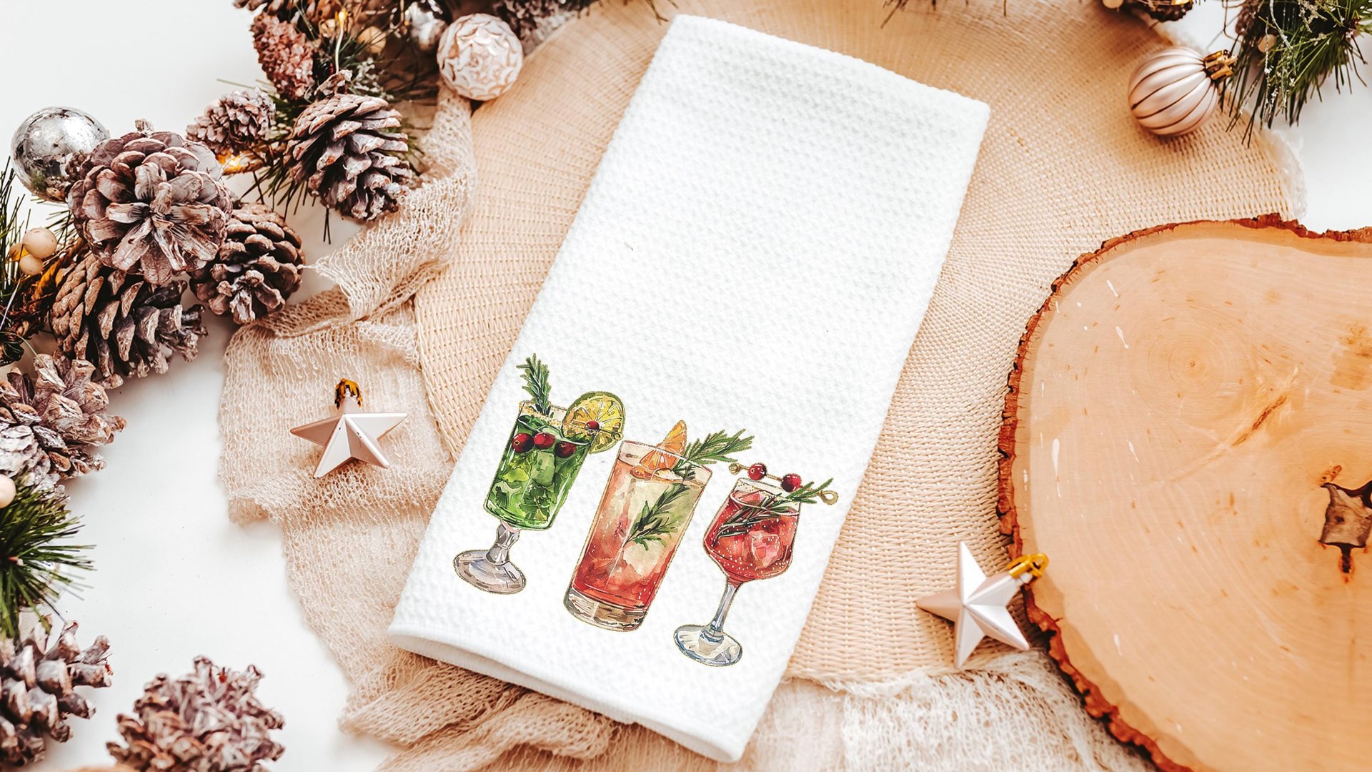 Christmas cocktail kitchen towels for Christmas bar accessories for home bar, holiday hosting decor home decor gift for couple, Xmas hand