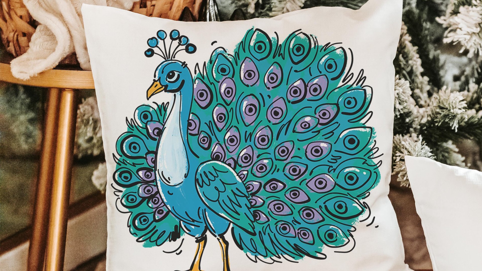 turquoise peacock throw pillow for women apartment decor for girls, teal peacock kitchen towels for friends, cute peacock gifts, dorm decor