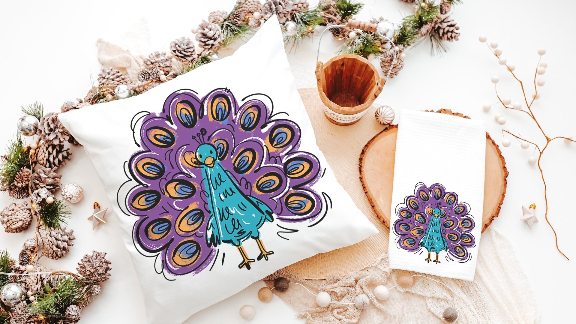 purple peacock decorative accent pillows for dorm room, cute peacock gifts, turquoise peacock kitchen towels for friends, teal peacock decor