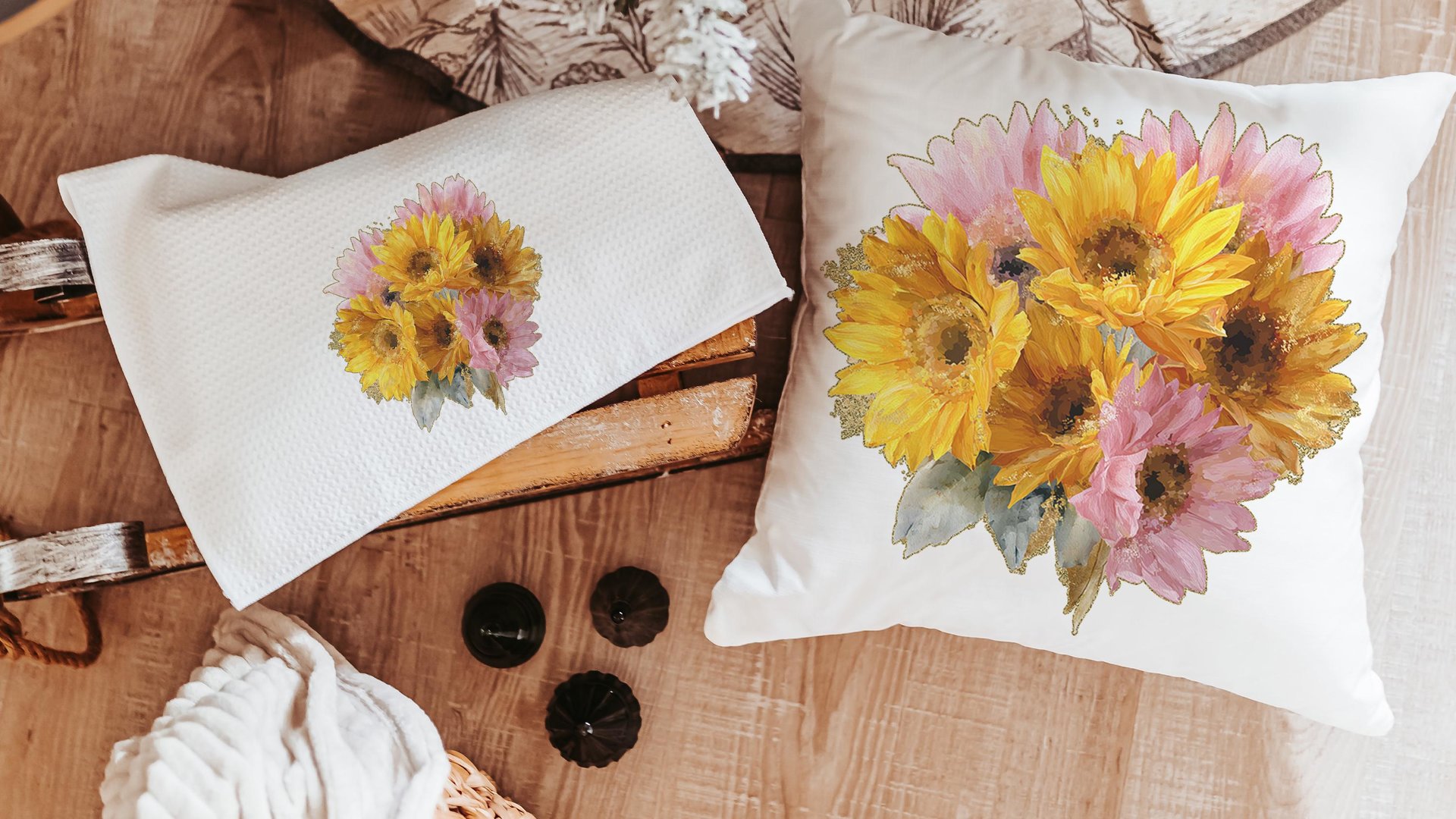 yellow daisy throw pillow for bed light pink daisy bathroom accessories, daisy gifts for women, floral kitchen towel for Mom, birth flower