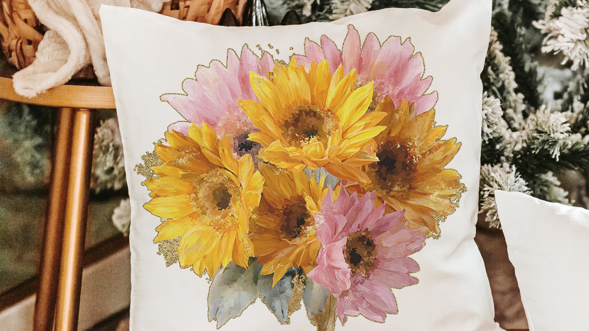 yellow daisy throw pillow for bed light pink daisy bathroom accessories, daisy gifts for women, floral kitchen towel for Mom, birth flower