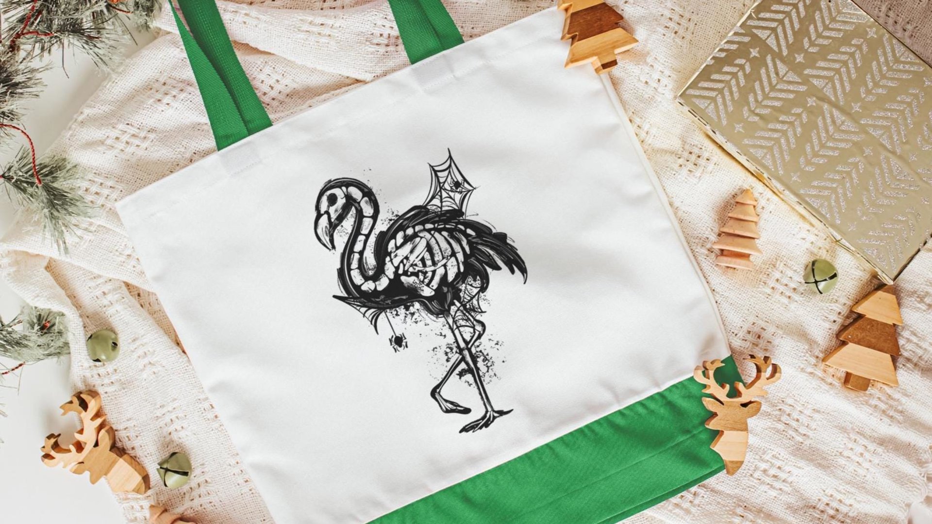 Halloween flamingo skeleton trick or treat bag for girls, spooky cute Halloween tote bag for women, boo basket stuffers for girlfriend, goth