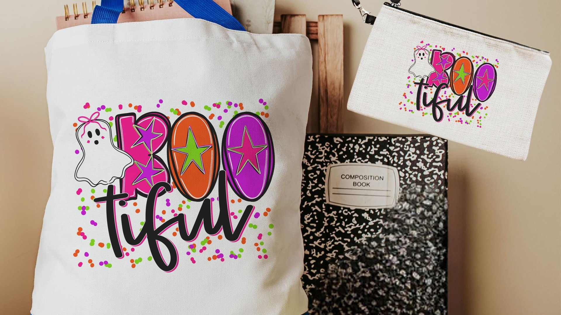 boo tiful trick or treat bag for girls, neon Halloween tote bag for teachers, boo basket stuffers for teenage girls, cute ghost makeup bag