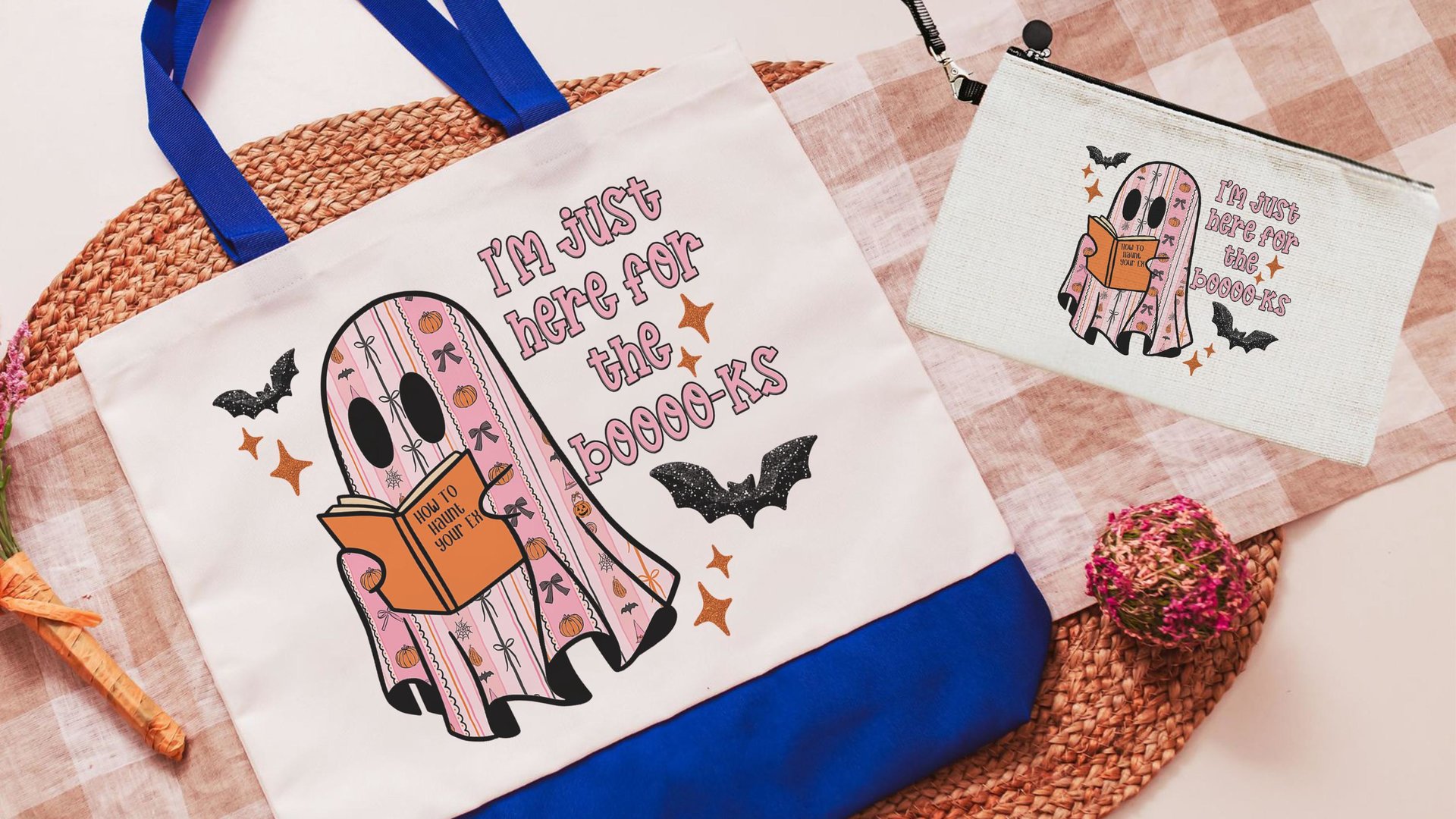 just here for the books librarian tote bag for women, bookish ghost trick or treat bags for girls, cute Halloween coquette makeup bags best