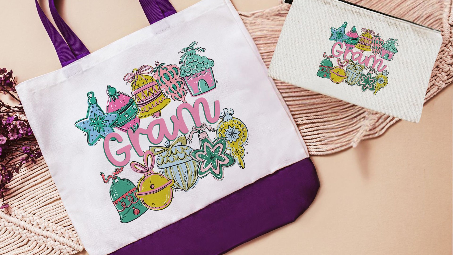 gram est 2026 tote bags for grandma, Gram Christmas gifts for mother in law, pastel Christmas zipper pouch, Gram Gram gifts, holiday makeup