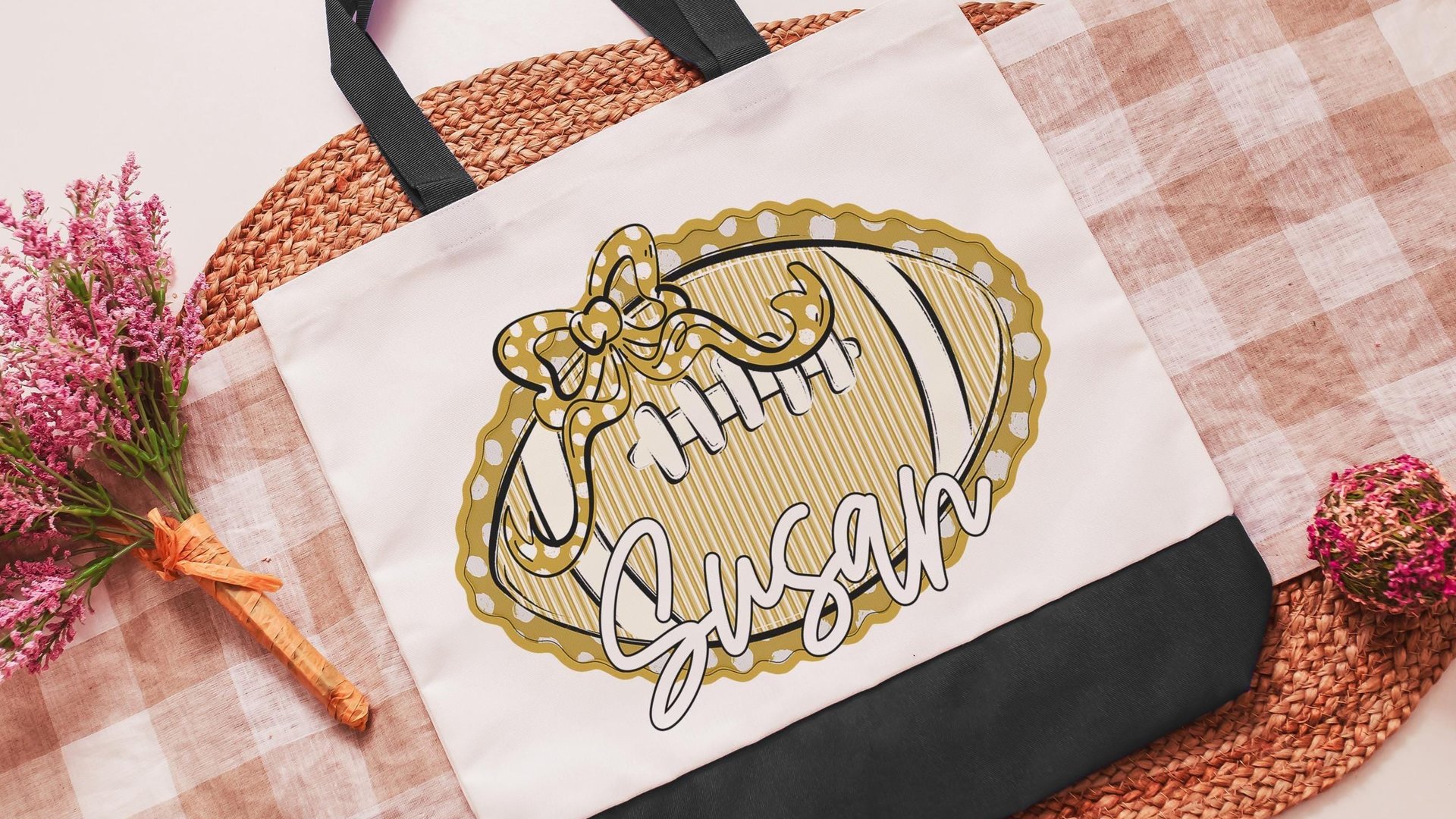 personalized seersucker football tote bag for back to school, gold school spirit items, girly football tote for games, football mom gifts