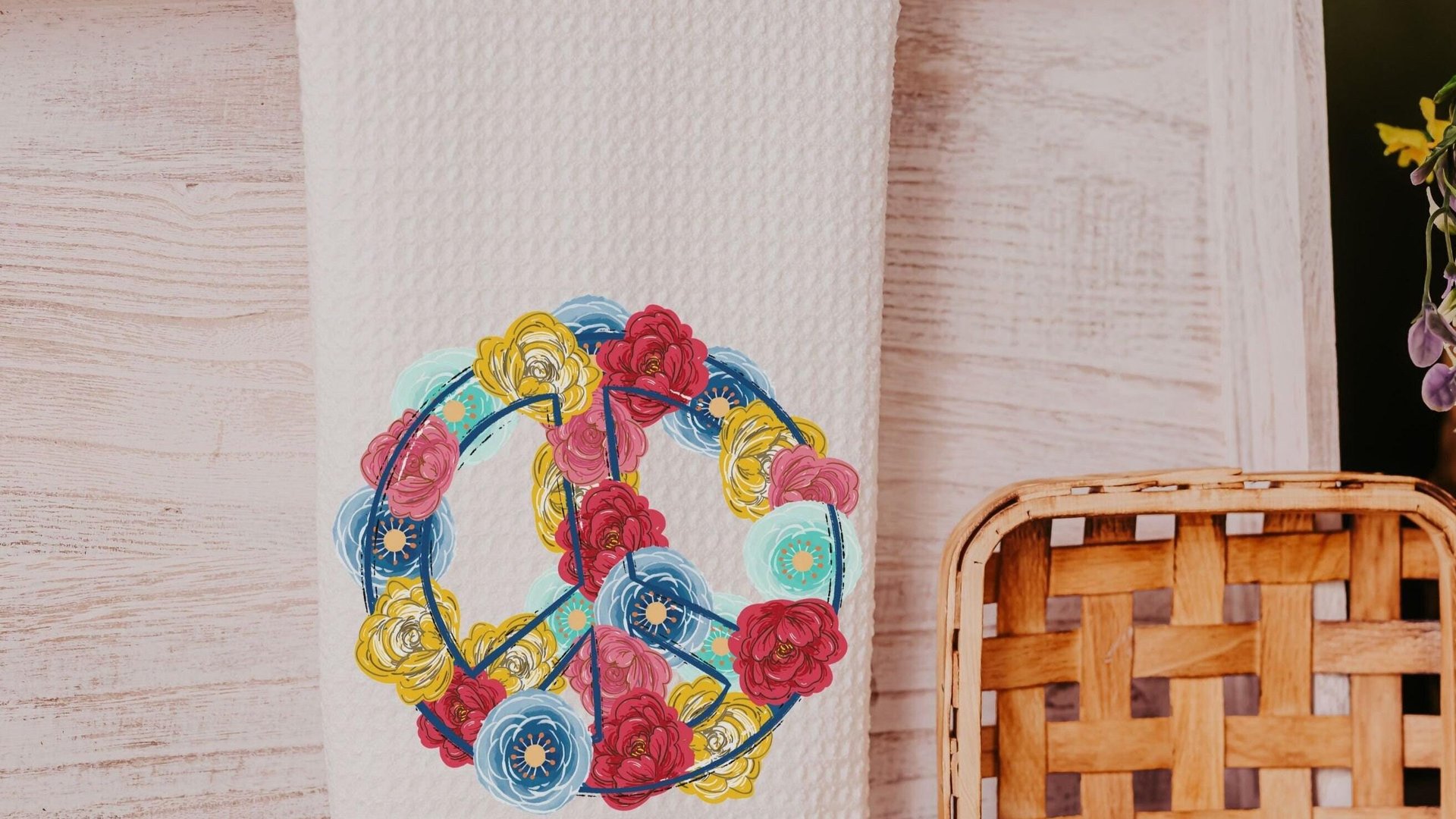 floral peace sign kitchen towels for mom, hippie kitchen decor, cute hand towels for bathroom boho kitchen dish towels, powder room decor