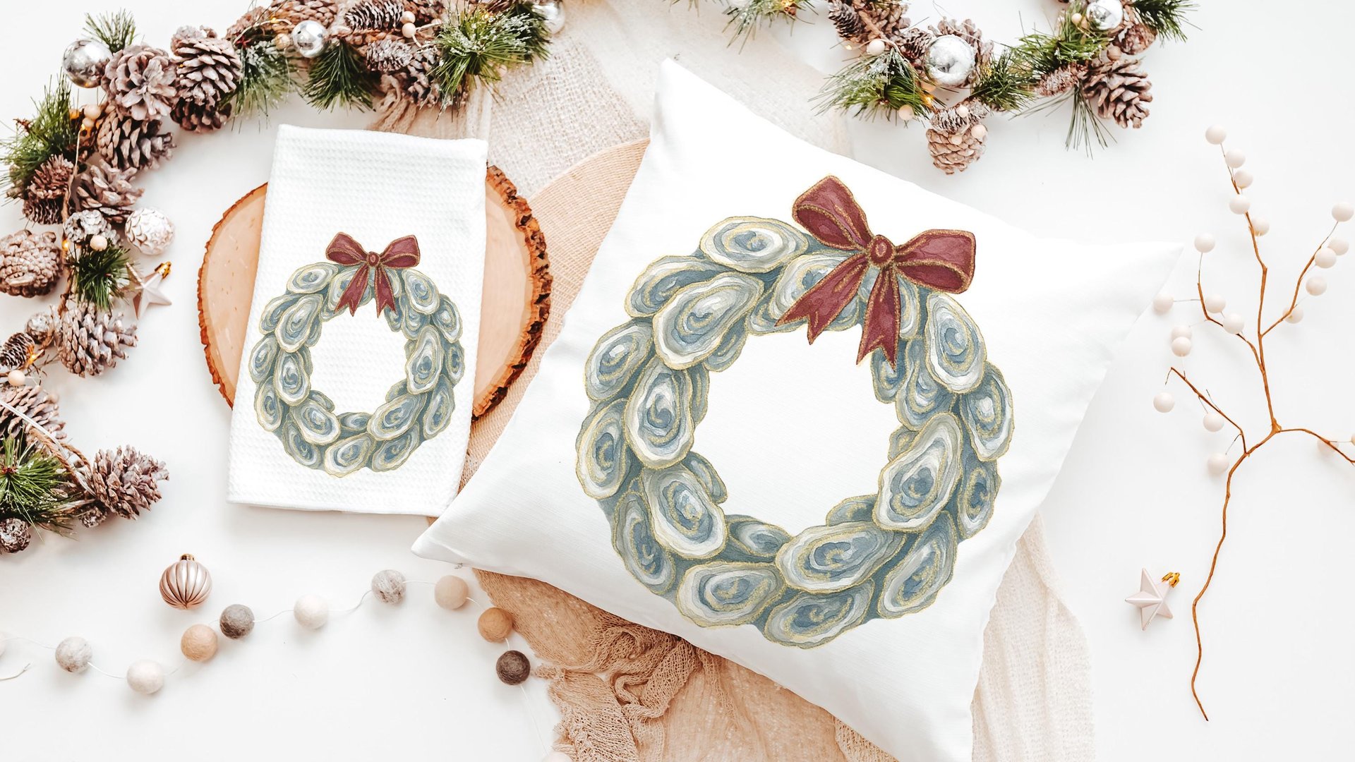 oyster shell Christmas wreath throw pillows for couch, holiday hosting decor home decor gift, oyster Christmas gifts for colleagues, coastal