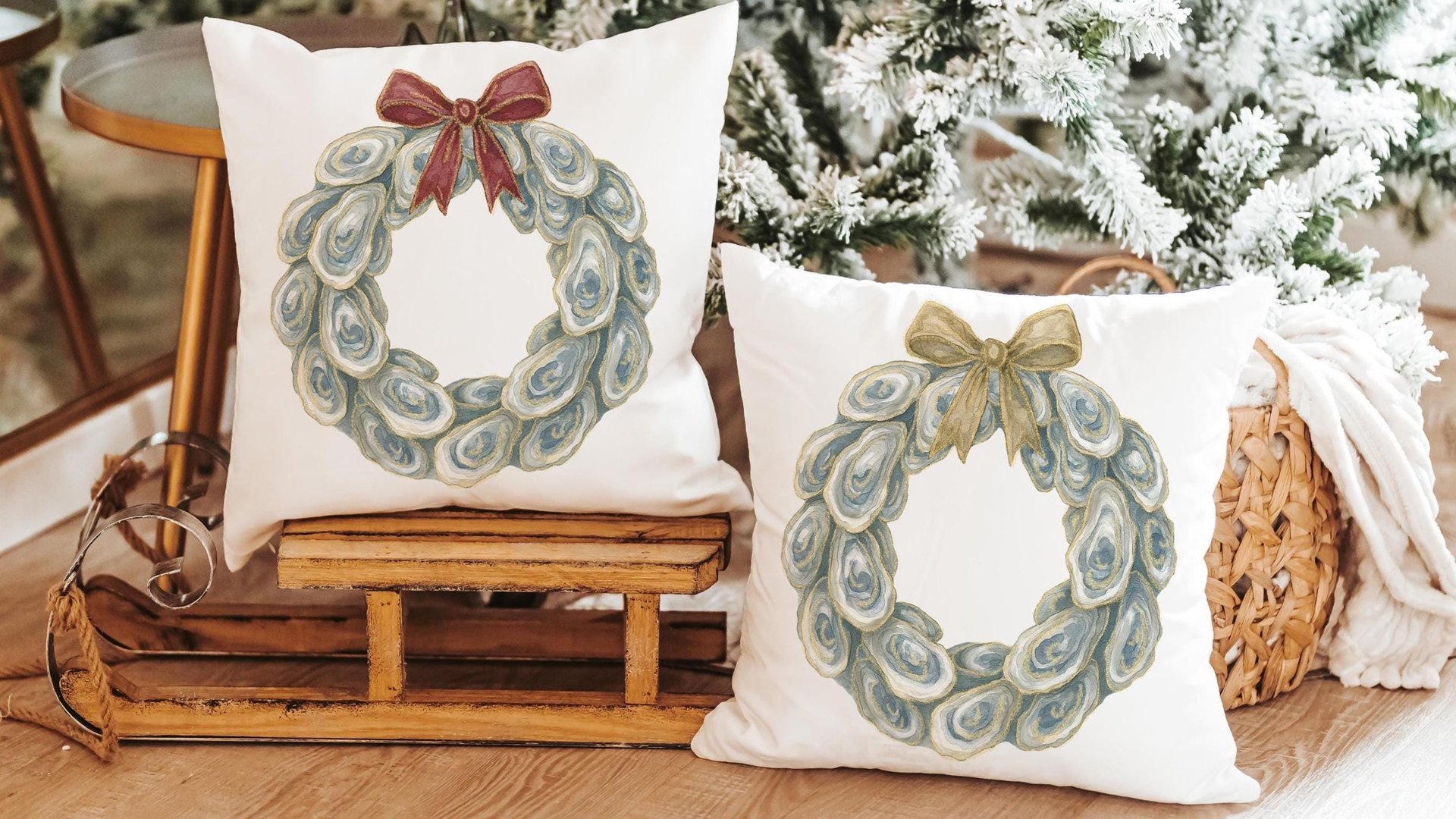 oyster shell Christmas wreath throw pillows for couch, holiday hosting decor home decor gift, oyster Christmas gifts for colleagues, coastal