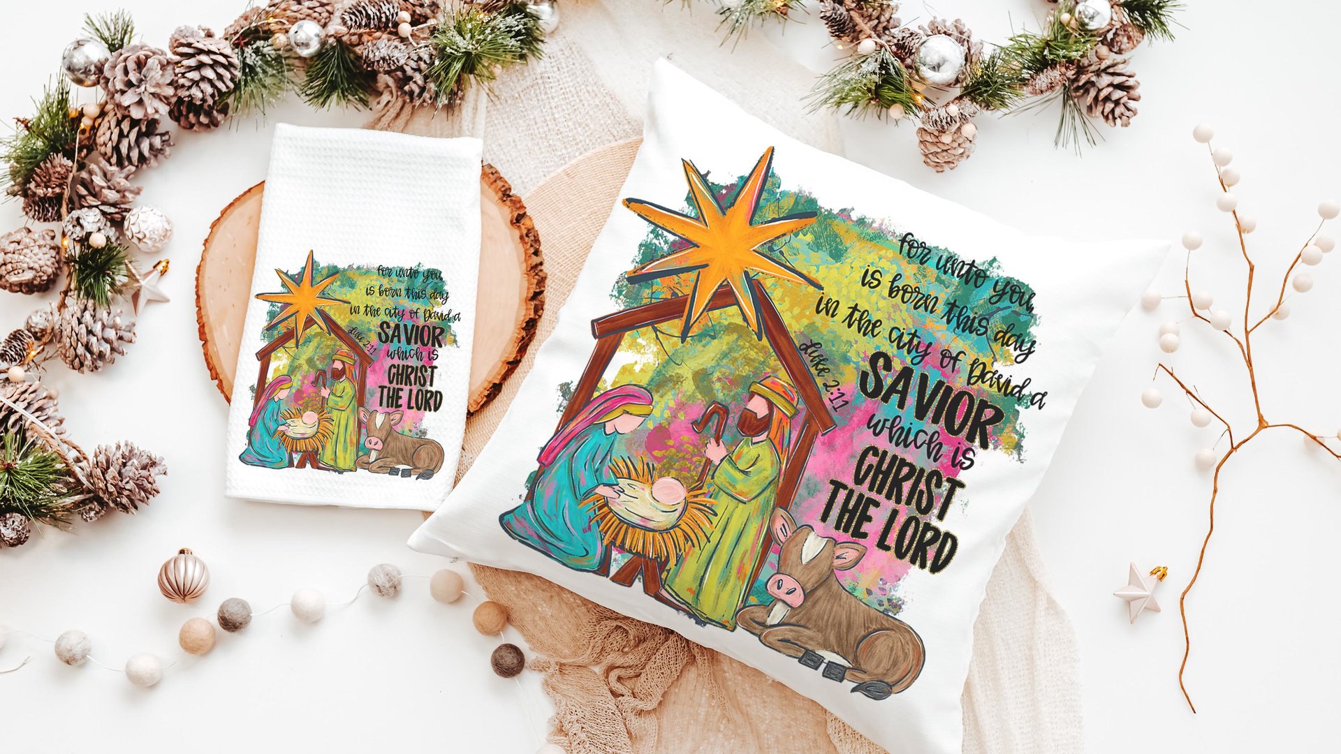 watercolor nativity Joseph Mary Jesus throw pillows for couch religious Christmas hand towels for powder room, Christian Christmas gifts for