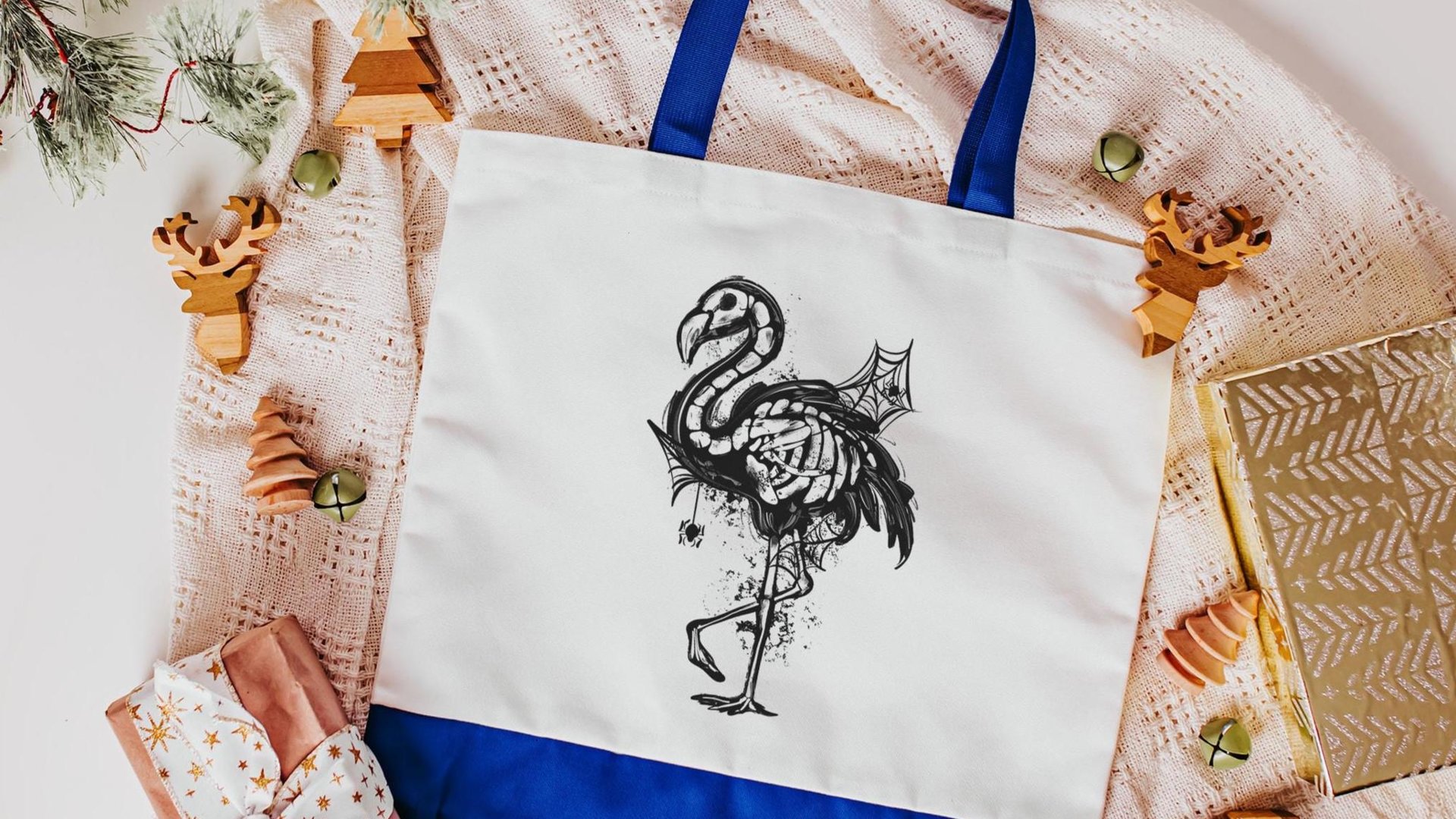 Halloween flamingo skeleton trick or treat bag for girls, spooky cute Halloween tote bag for women, boo basket stuffers for girlfriend, goth