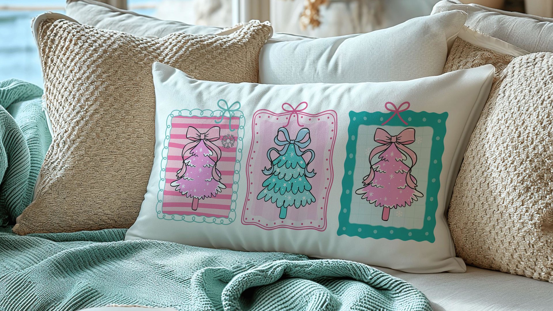pastel Christmas tree lumbar throw pillows for couch pink Christmas decorative pillows for girls, Christmas housewarming gift for daughter
