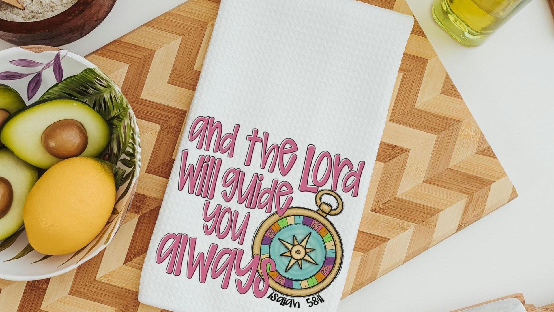 the Lord will guide you Isaiah 58:11 scripture kitchen towels, faith gifts for home, Bible verse Christian gifts for women sisters in Christ