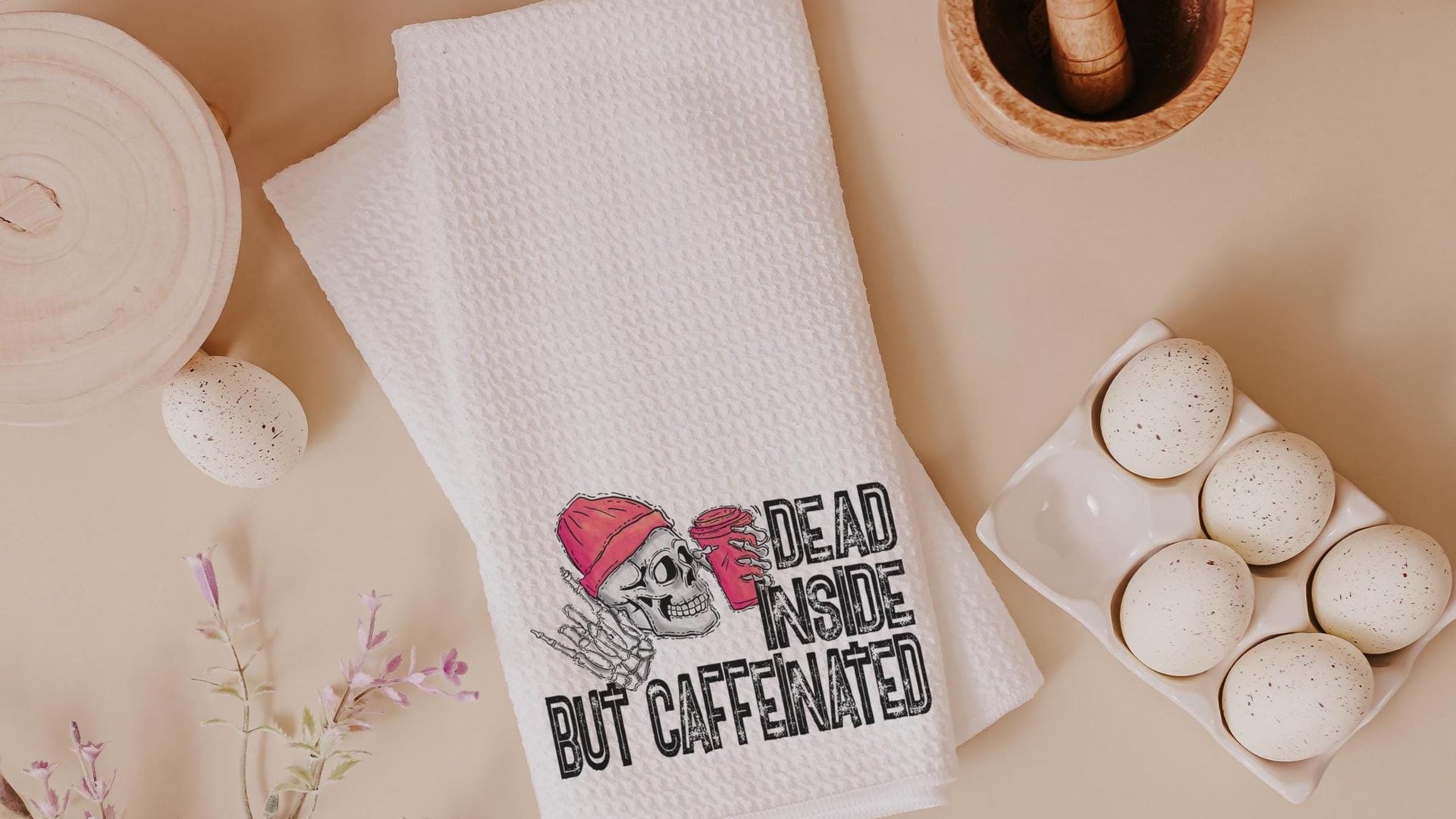 dead inside but caffeinated funny kitchen towels women gifts, coffee bar decor, sarcastic gifts for coworkers, coffee addict hand towels for