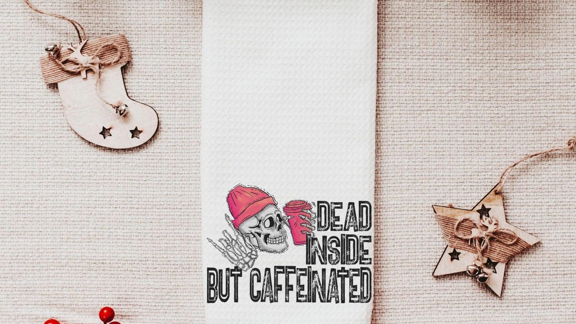 dead inside but caffeinated funny kitchen towels women gifts, coffee bar decor, sarcastic gifts for coworkers, coffee addict hand towels for