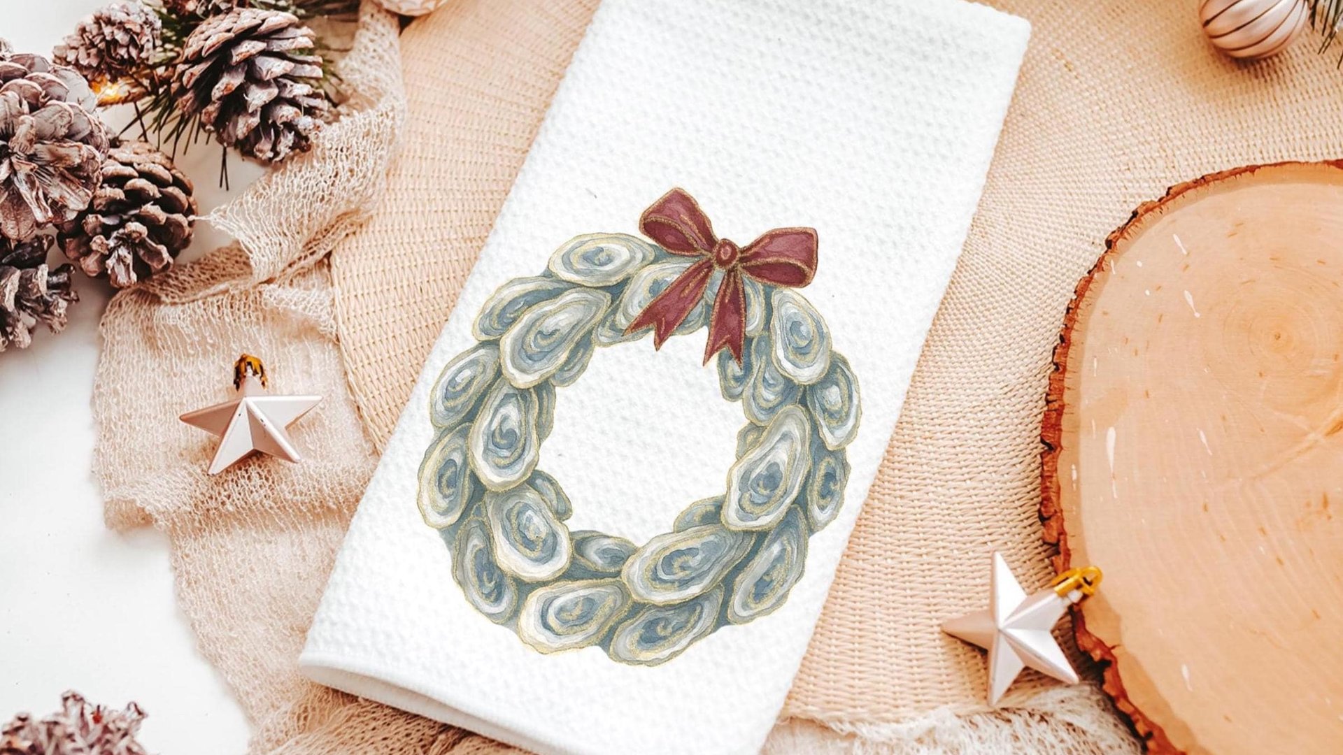 oyster shell Christmas wreath xmas kitchen hand towels coastal Christmas kitchen towel for winter, holiday hosting decor home decor gift