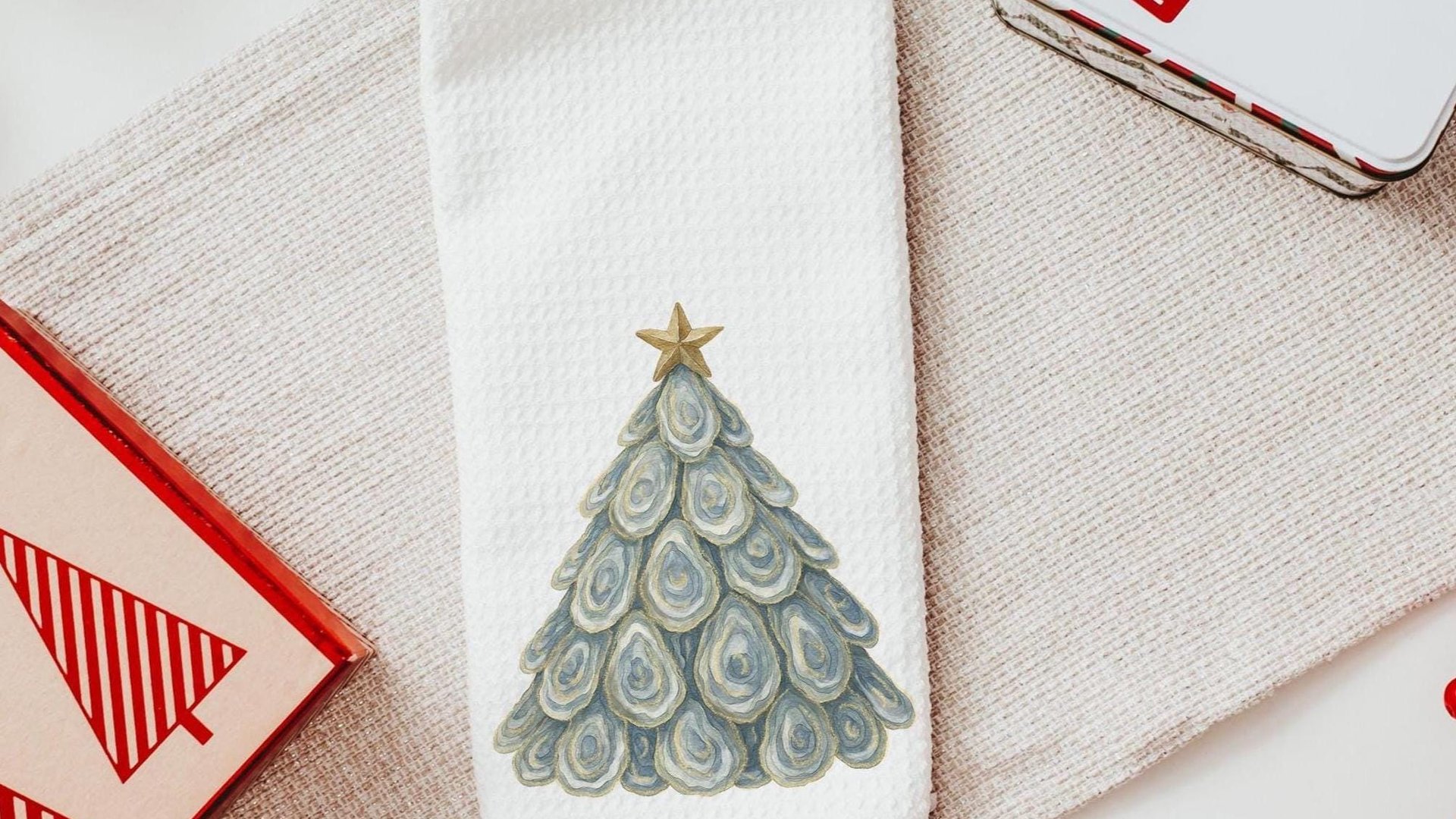 oyster shell Christmas tree tea towel for bathroom, coastal Christmas kitchen towel for women, nautical housewarming gifts for her, holiday