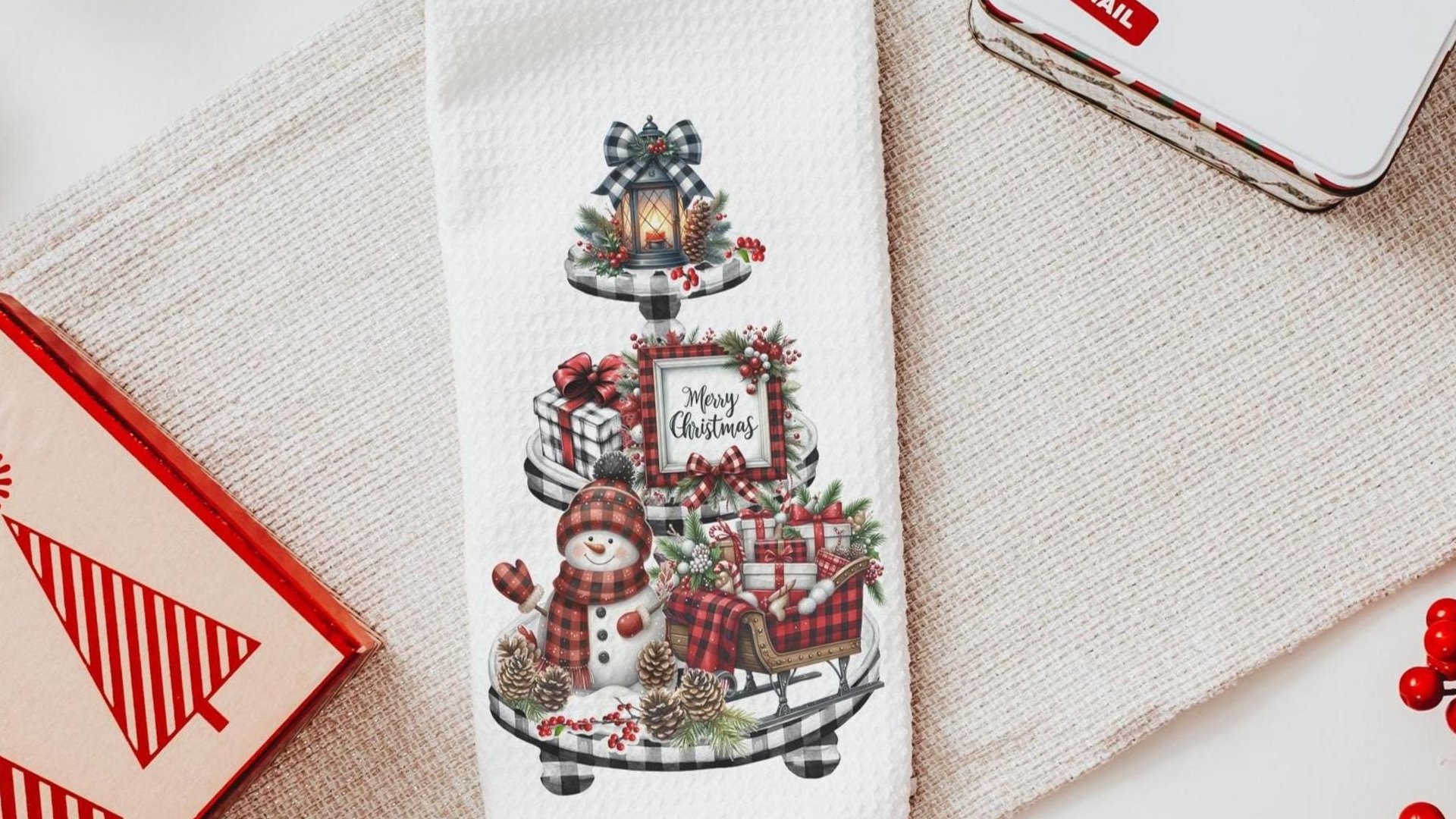 snowman Christmas kitchen towel for women, buffalo plaid Christmas kitchen decor, rustic Christmas gift for her, buffalo check Christmas