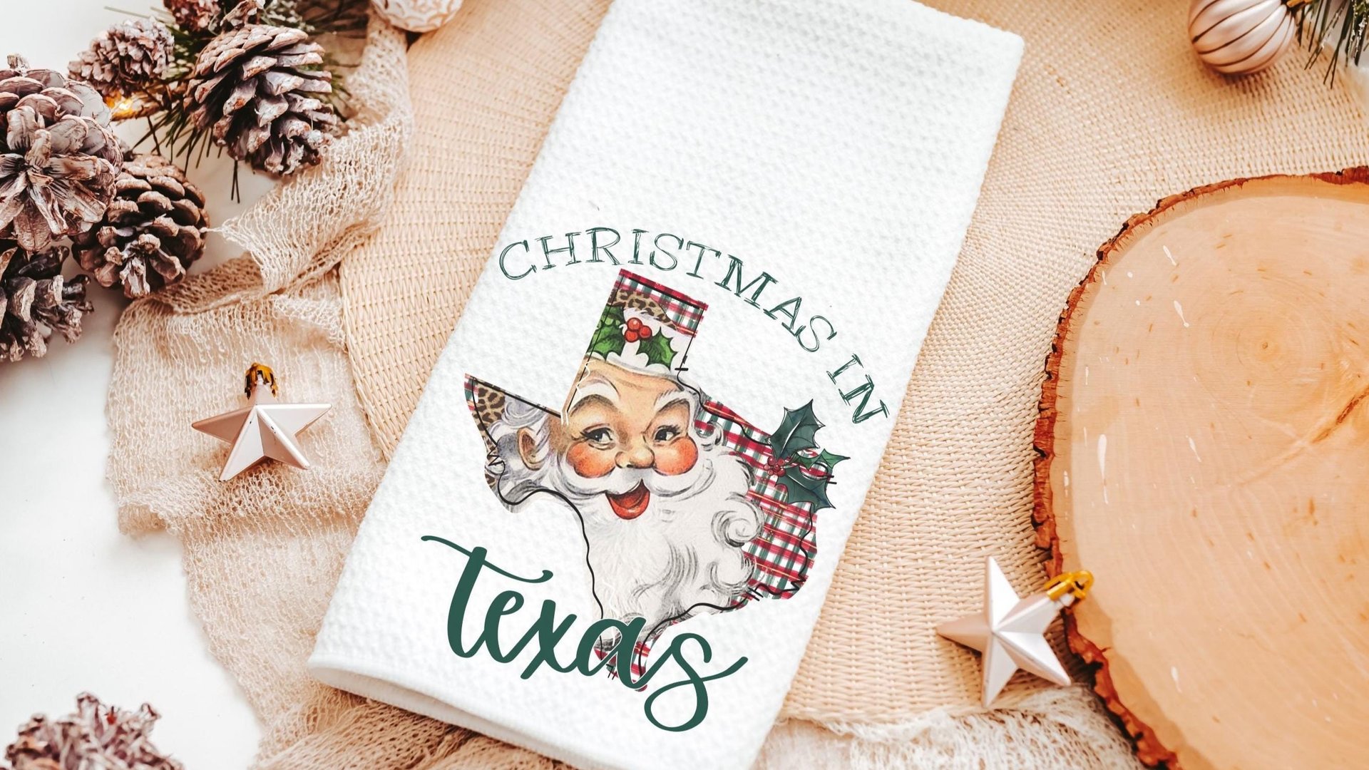 Santa throw pillows for couch, Texas kitchen towels for winter, holiday hosting decor home decor gift, Texas Christmas gifts for neighbors