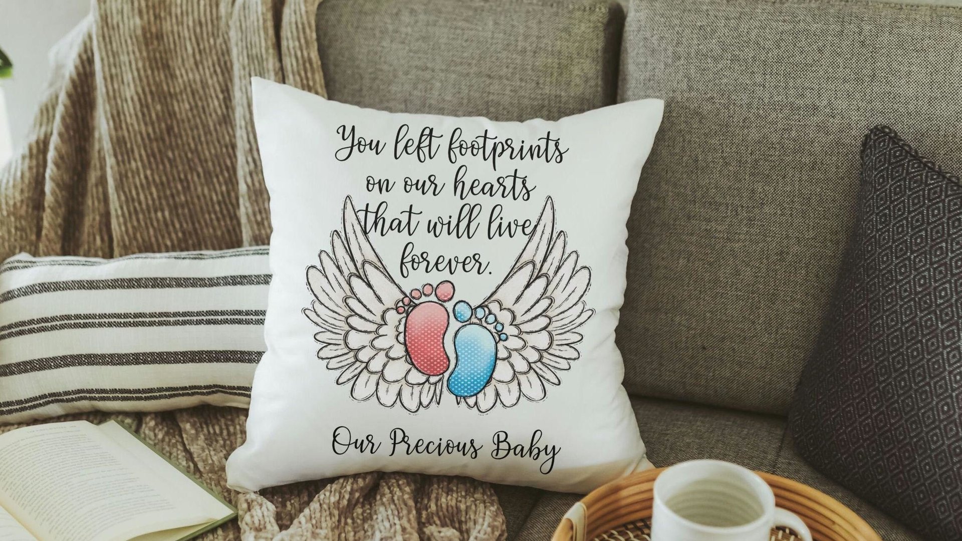 personalized footprints on our heart memorial throw pillow for bed, infant loss gifts for dad, bereavement gift loss of son for mother