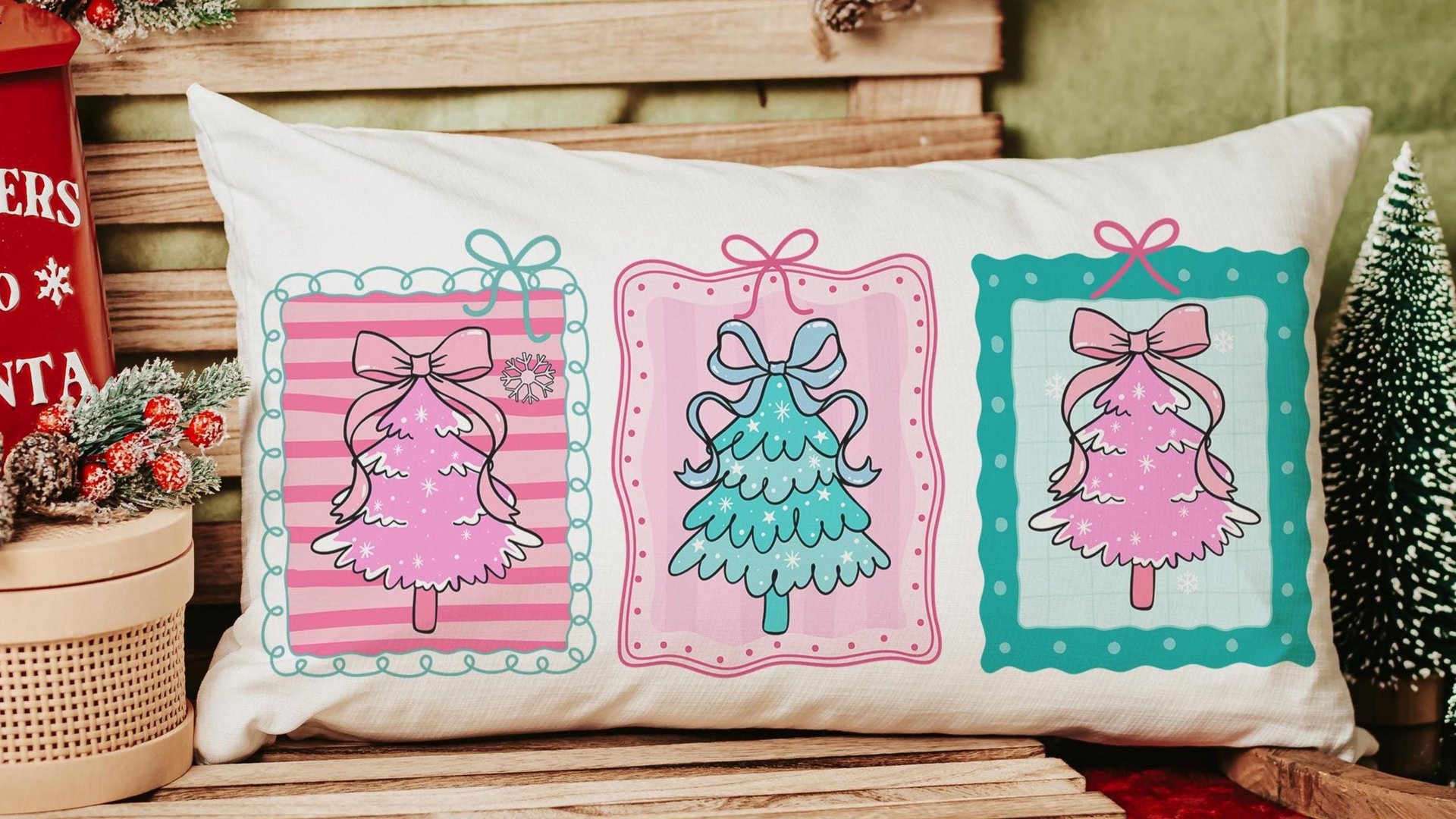 pastel Christmas tree lumbar throw pillows for couch pink Christmas decorative pillows for girls, Christmas housewarming gift for daughter