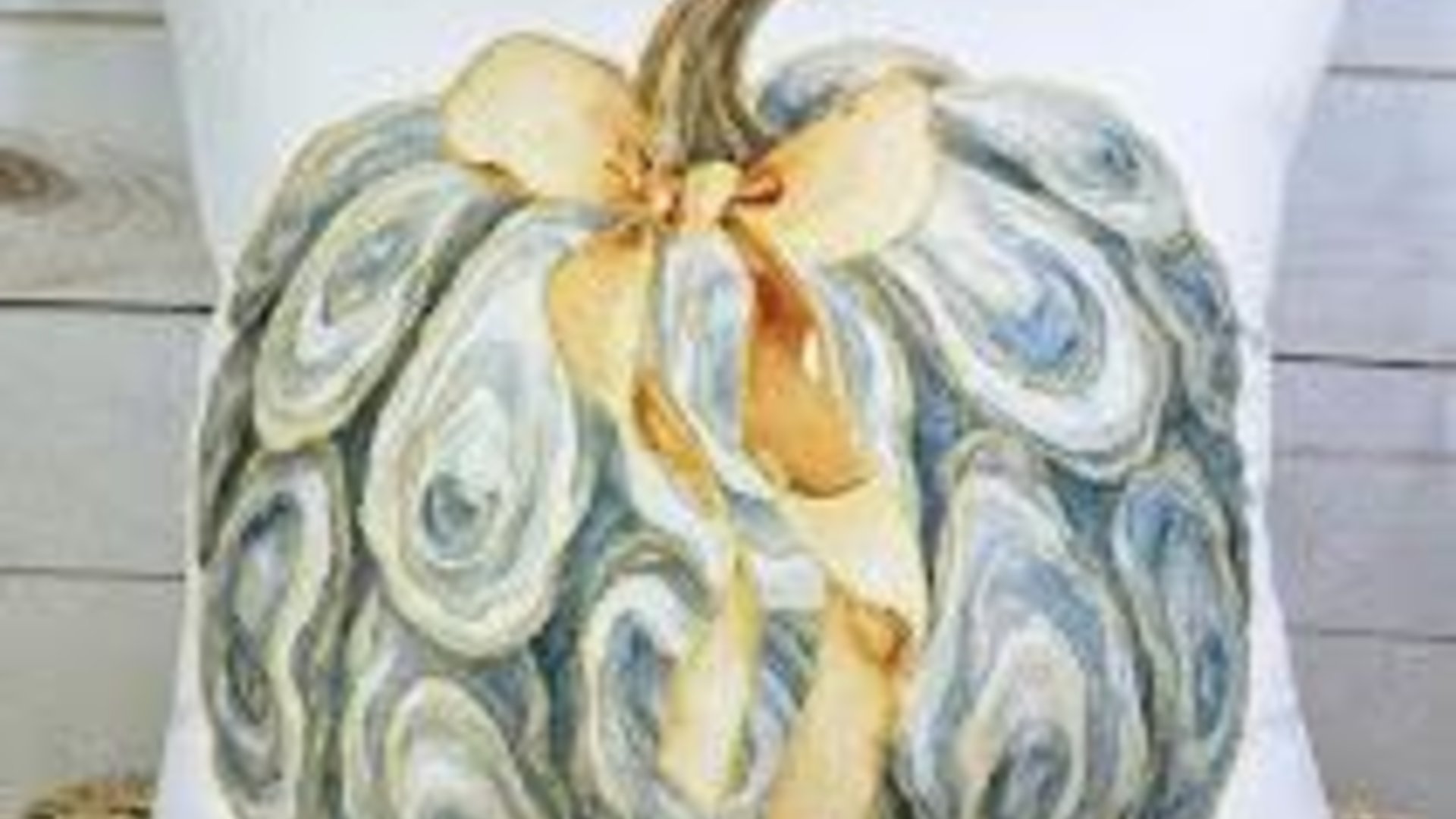 oyster shell pumpkin decorative pillows for breakfast nook, nautical pumpkins autumn kitchen towels, Thanksgiving hosting gift, fall coastal