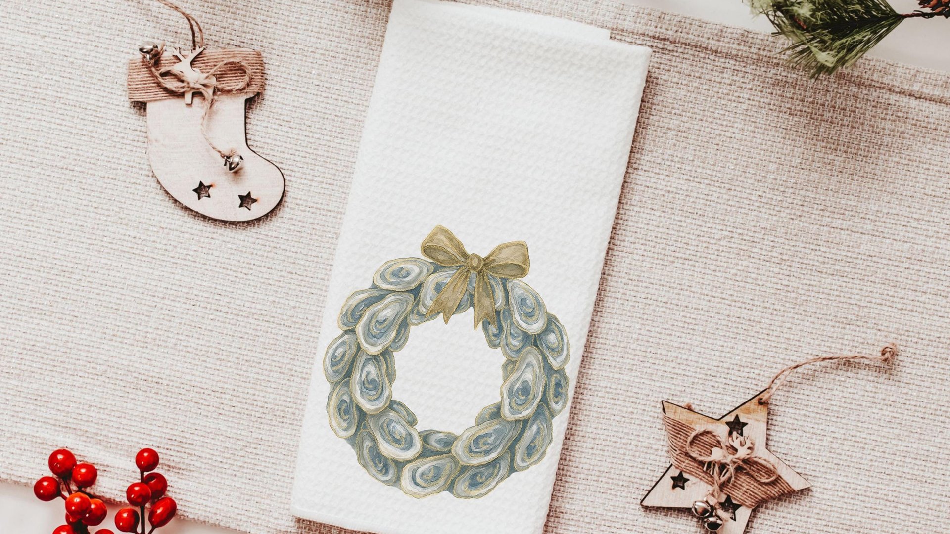 oyster Christmas wreath throw pillows for guest room, holiday hosting decor home decor gift, oyster shell Christmas decorations for gifts