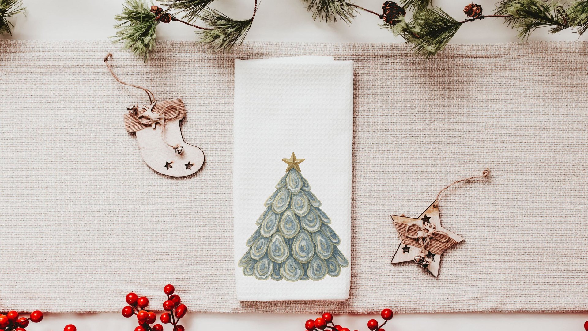 oyster shell Christmas tree tea towel for bathroom, coastal Christmas kitchen towel for women, nautical housewarming gifts for her, holiday