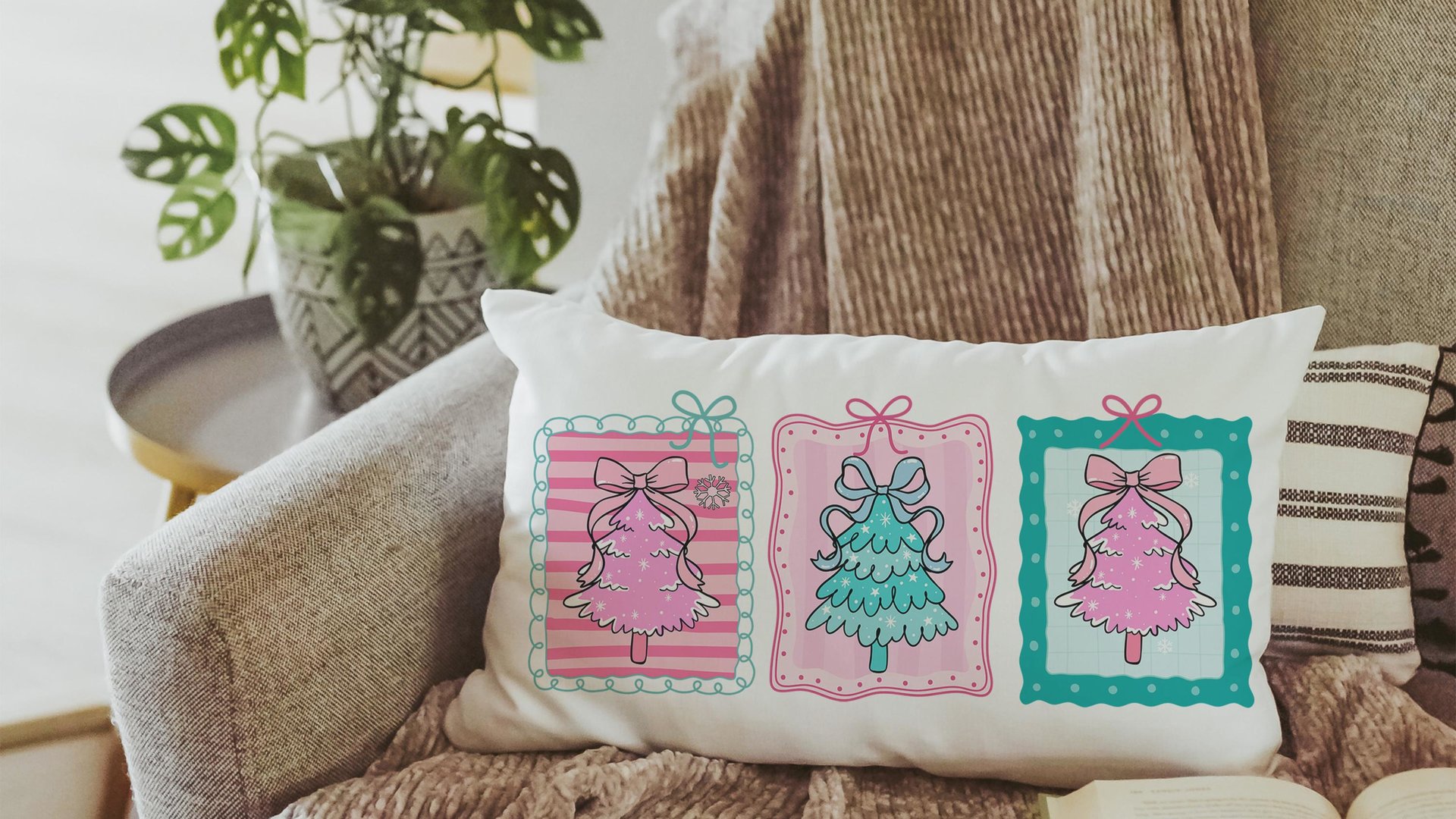 pastel Christmas tree lumbar throw pillows for couch pink Christmas decorative pillows for girls, Christmas housewarming gift for daughter