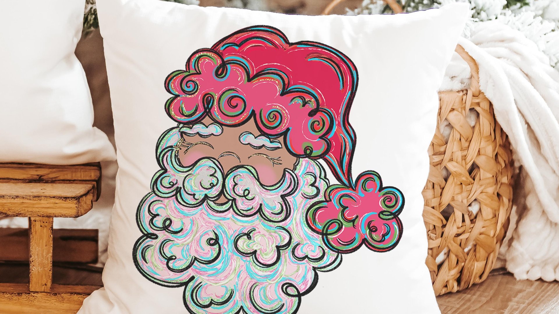 colorful Santa throw pillows for kids playroom, holiday hosting decor home decor gift, fun Christmas decorative pillows for couch, whimsical