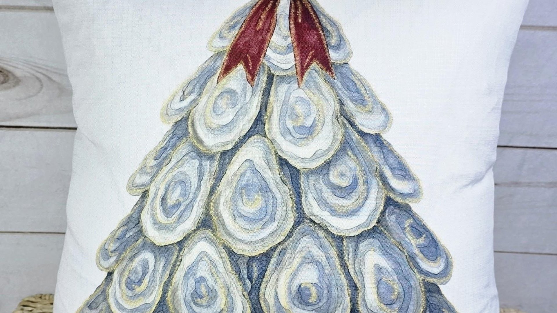 oyster shell Christmas tree kitchen towels for winter, oyster Christmas home decor gifts for Mom, oyster shell Christmas wreath hand towels