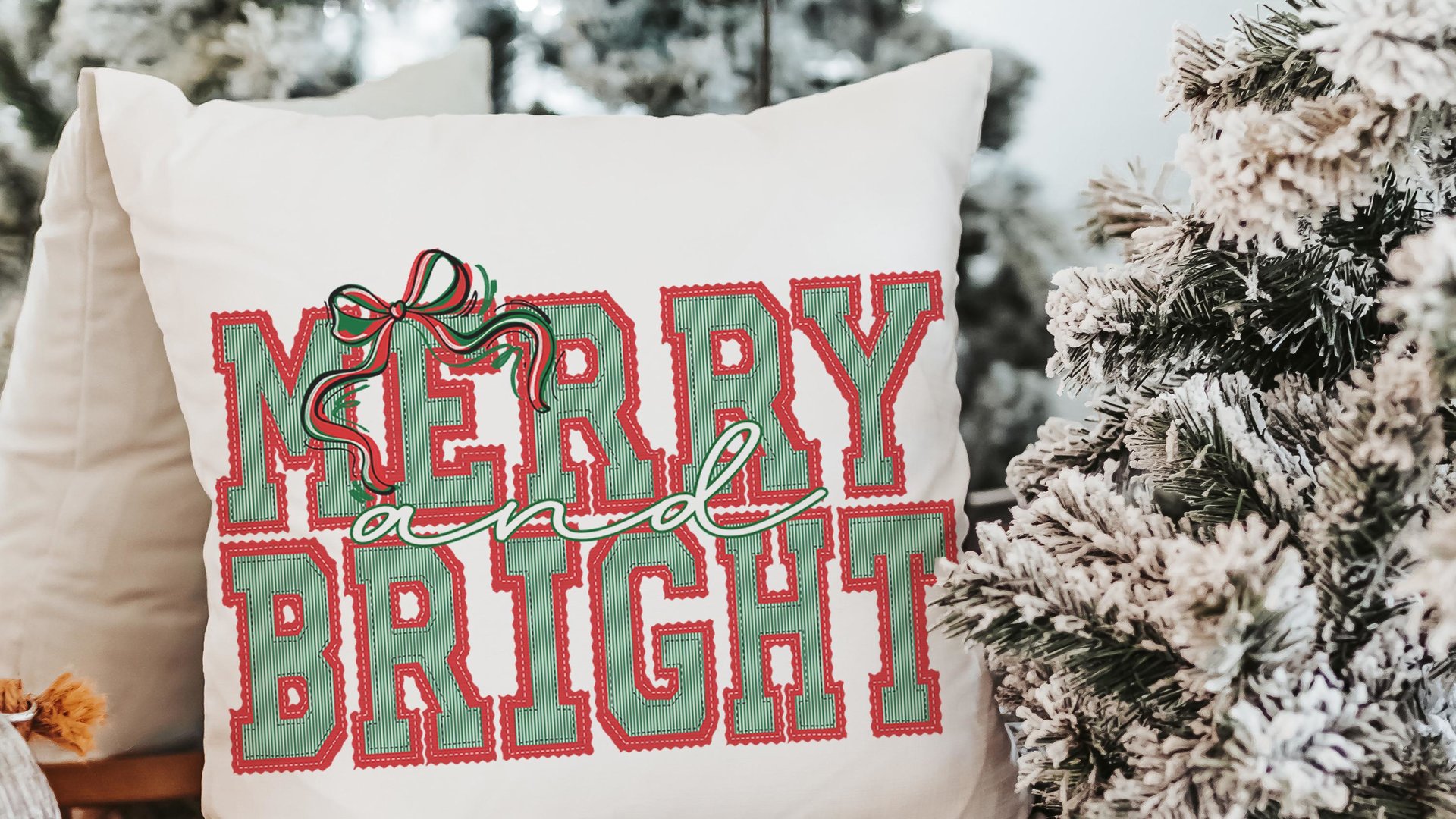 merry and bright preppy Christmas throw pillows for couch red and green seersucker Christmas decor, holiday hosting decor home decor gift