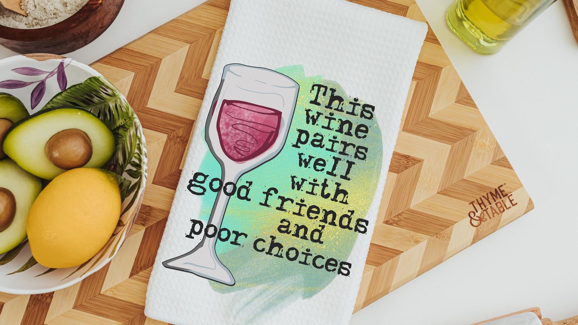 this wine pairs well with home bar towel, wine Christmas gifts for neighbors, good friends bad choices wine kitchen decor, funny kitchen