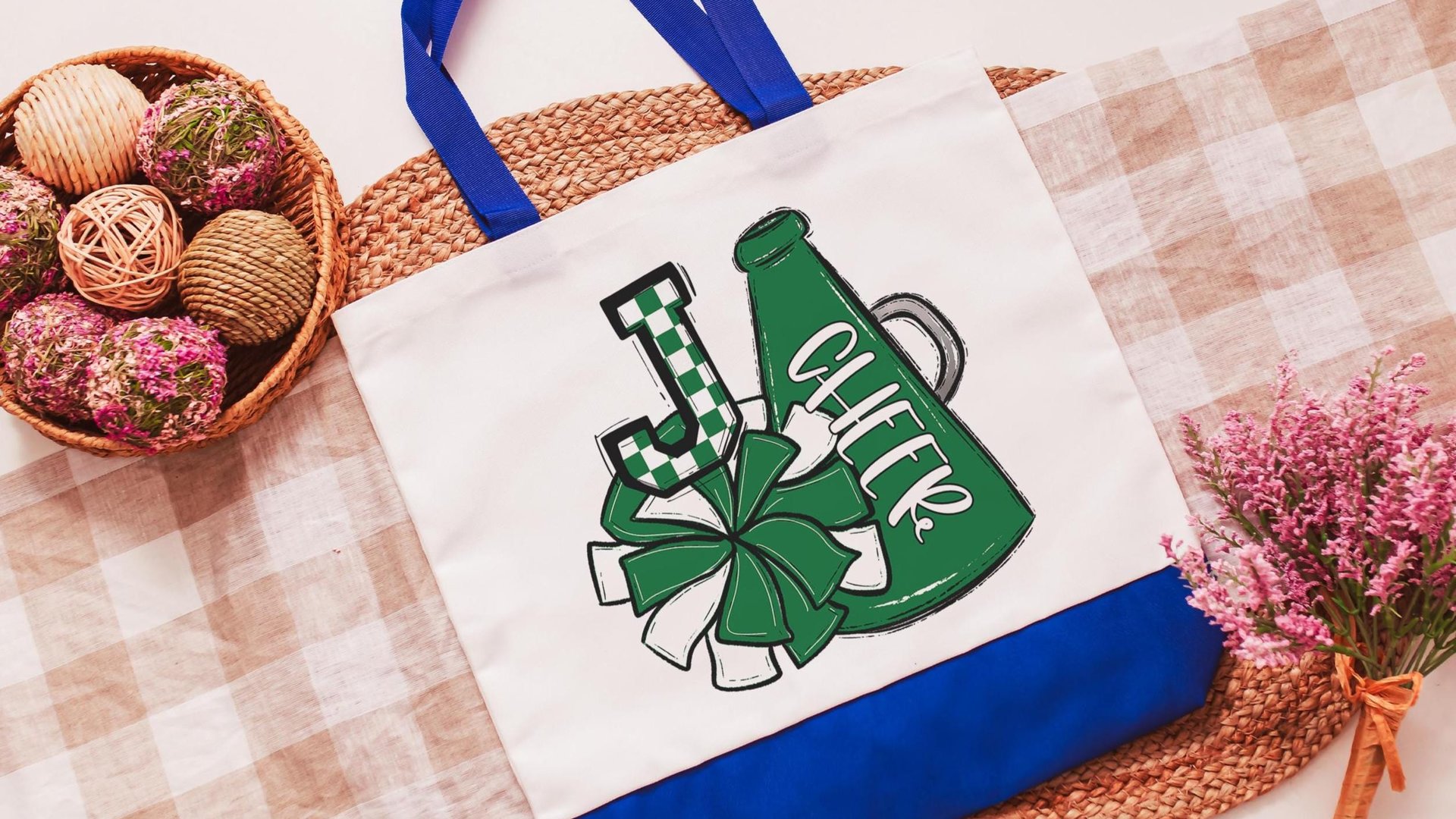 personalized Carolina blue cheer coach tote bags for women, cheer squad gifts, initial tote bag for teen girls, cheerleader gifts for girls