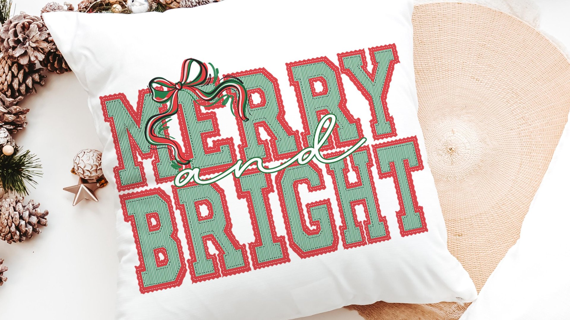 merry and bright preppy Christmas throw pillows for couch red and green seersucker Christmas decor, holiday hosting decor home decor gift