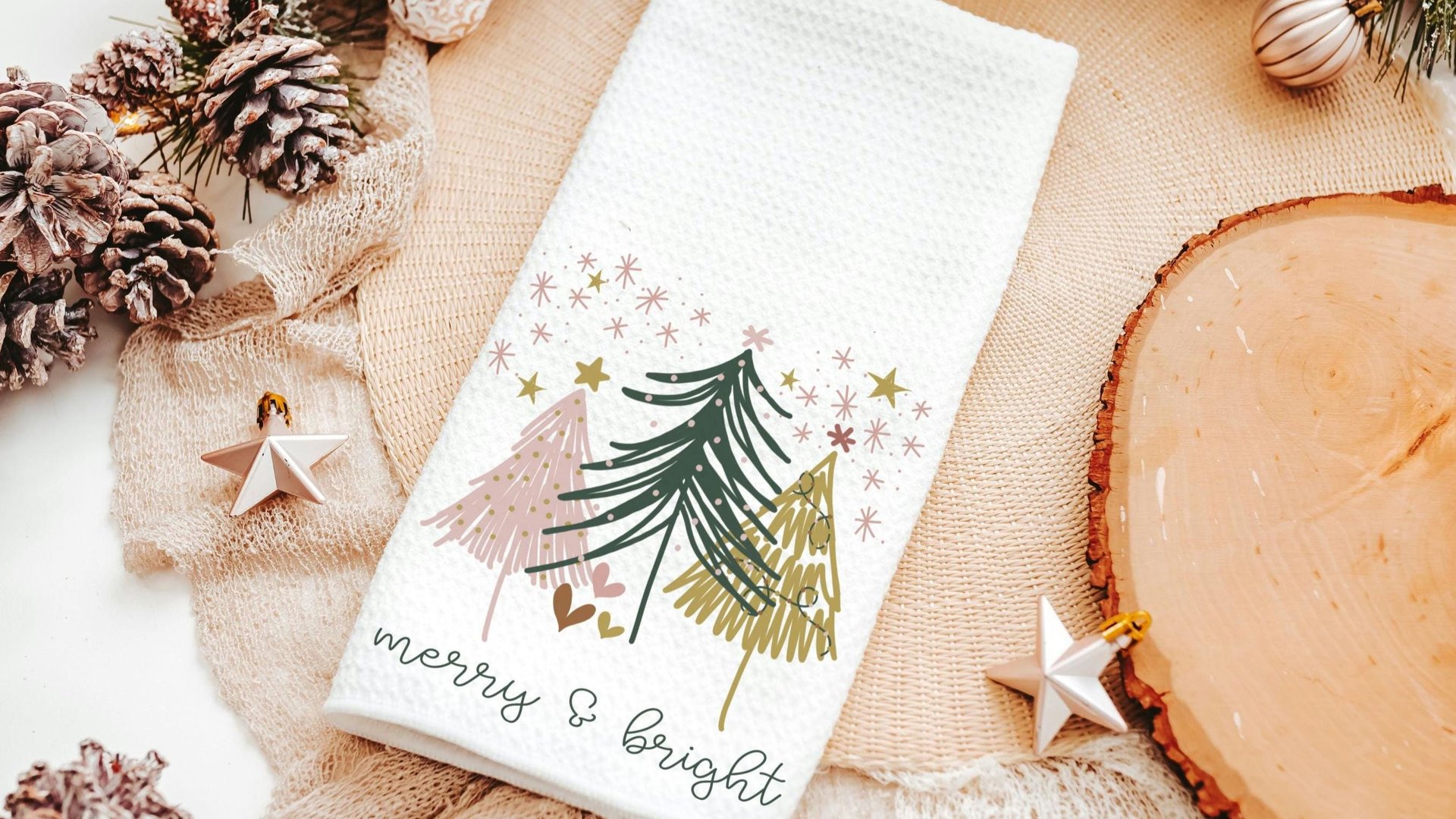 merry and bright Christmas throw pillow for couch, boho Christmas decor, Christmas gift set for women, pink Christmas kitchen towel, secret