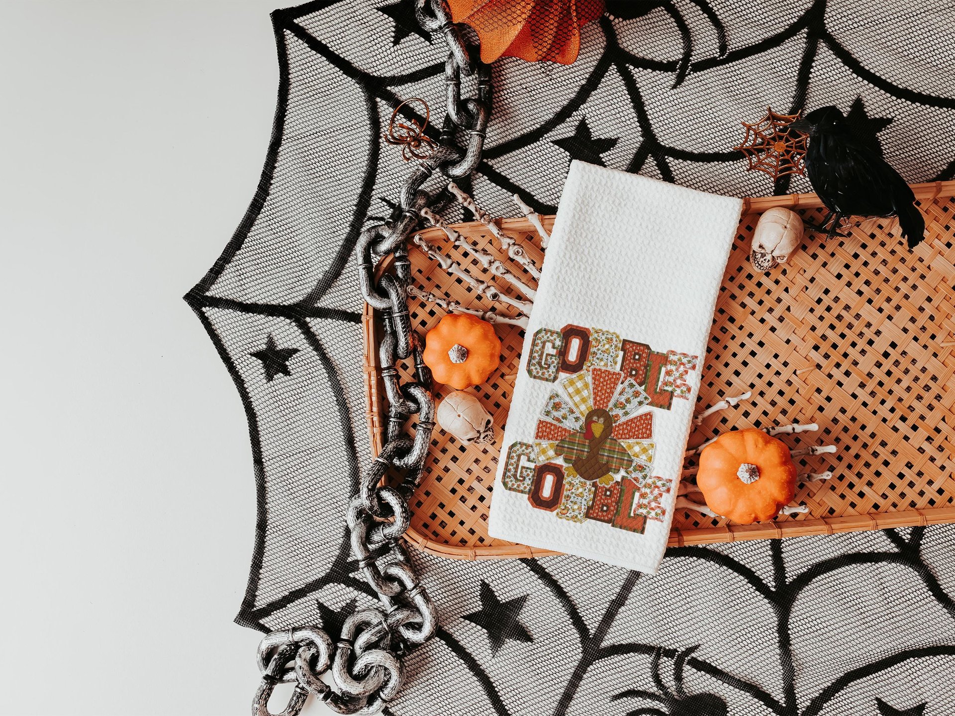 gobble gobble turkey Thanksgiving kitchen towels for fall, faux patchwork turkey hand towels for autumn, Friendsgiving gifts for girlfriends