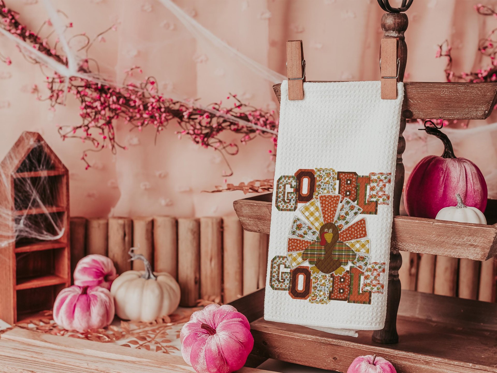 gobble gobble turkey Thanksgiving kitchen towels for fall, faux patchwork turkey hand towels for autumn, Friendsgiving gifts for girlfriends