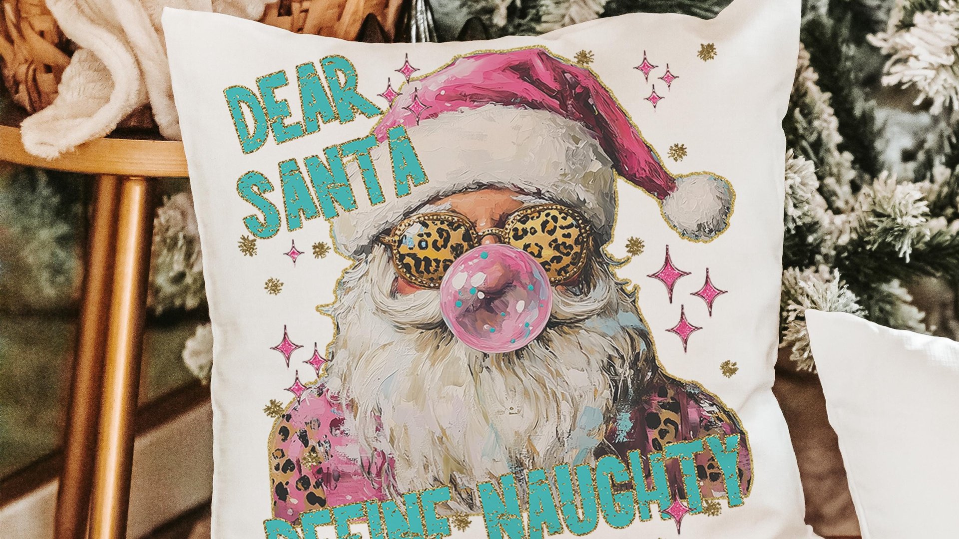 dear Santa define good define naughty pink Christmas throw pillows for couch, leopard print pillow Christmas gifts for new home, Santa Claus