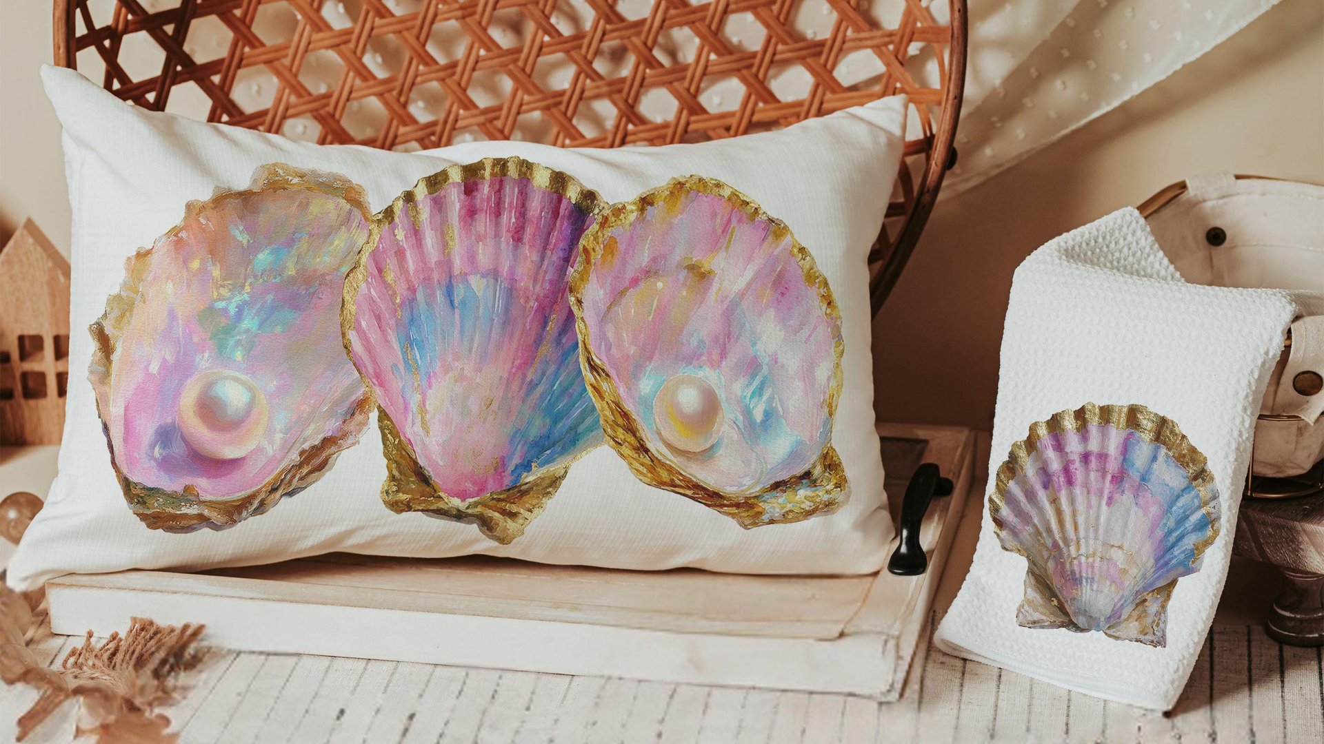 beach lumbar pillows for bedroom, opalite pearl oyster throw pillow for couch, beach Christmas gifts for beach lovers, coastal decorative