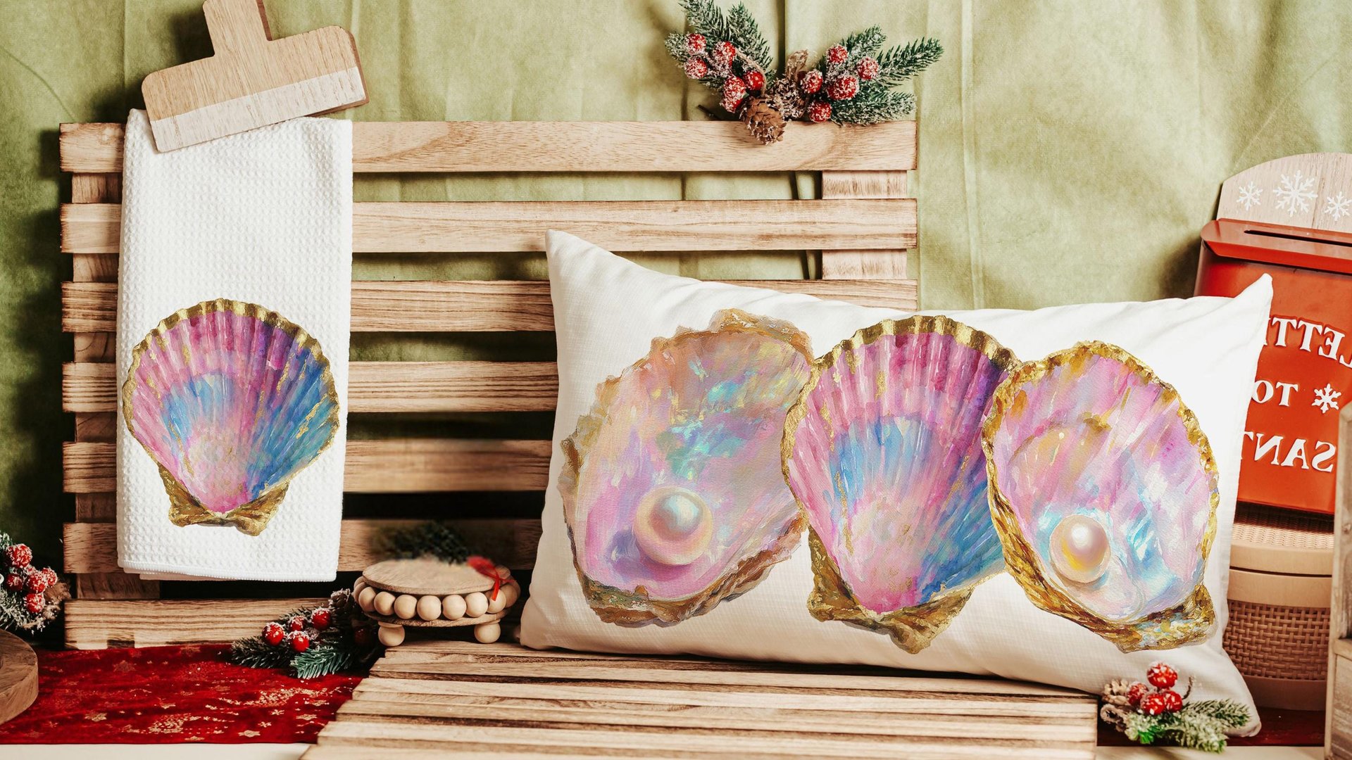 beach lumbar pillows for bedroom, opalite pearl oyster throw pillow for couch, beach Christmas gifts for beach lovers, coastal decorative
